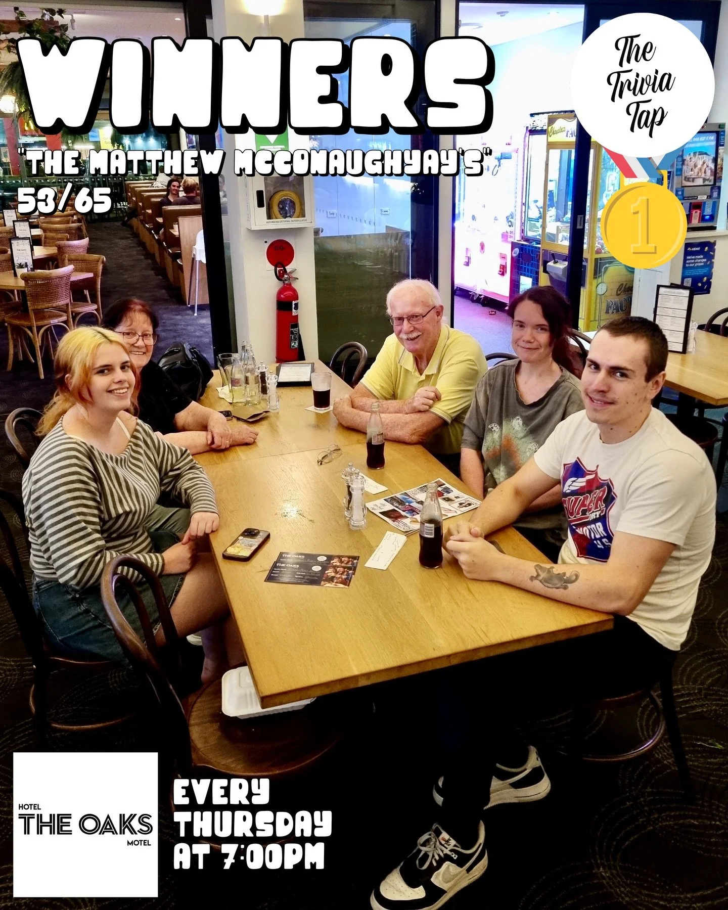 The Matthew McConaughYay&rsquo;s won a $100 voucher at @oakshotelalbionparkrail last night! 💵

Thanks to all nine teams for drinking, thinking and winning! 🍷💡🥇

Your favourite trivia host Rhiannon is back next Thursday at 6:30 for another night o