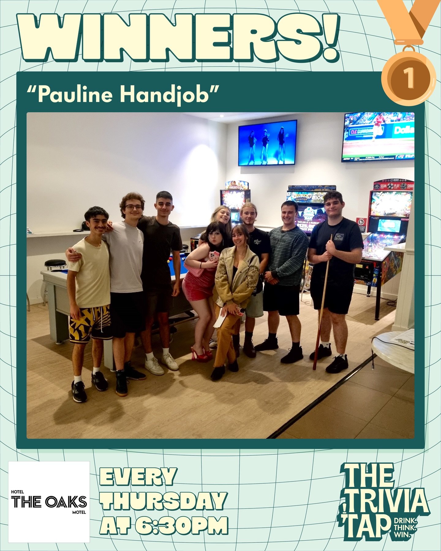 &ldquo;Pauline Handjob&rdquo; were crowned trivia winners last night at @oakshotelalbionparkrail! 👑

They won a $100 voucher! 💰

Rhiannon&rsquo;s back again next week for another night of questions, prizes and fun! 🧠