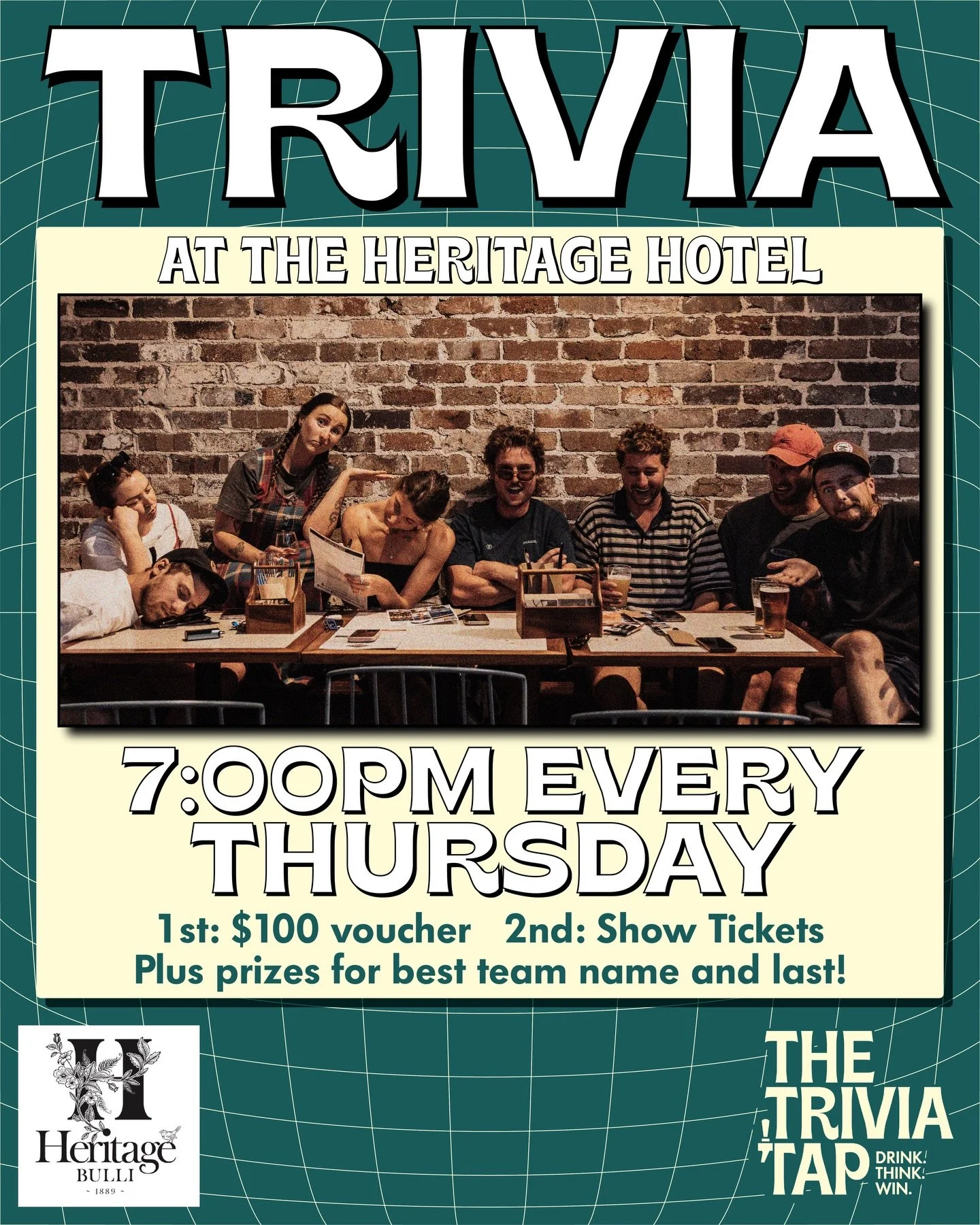 NEW PRIZES TO WIN 📣

Starting next Thursday 16th April, the winners at @heritagehotelbulli will now get a $100 voucher! 💸

Runners up will receive show tickets to any show in the band room! 🎸

Best team name will still receive a jug of beer or bot
