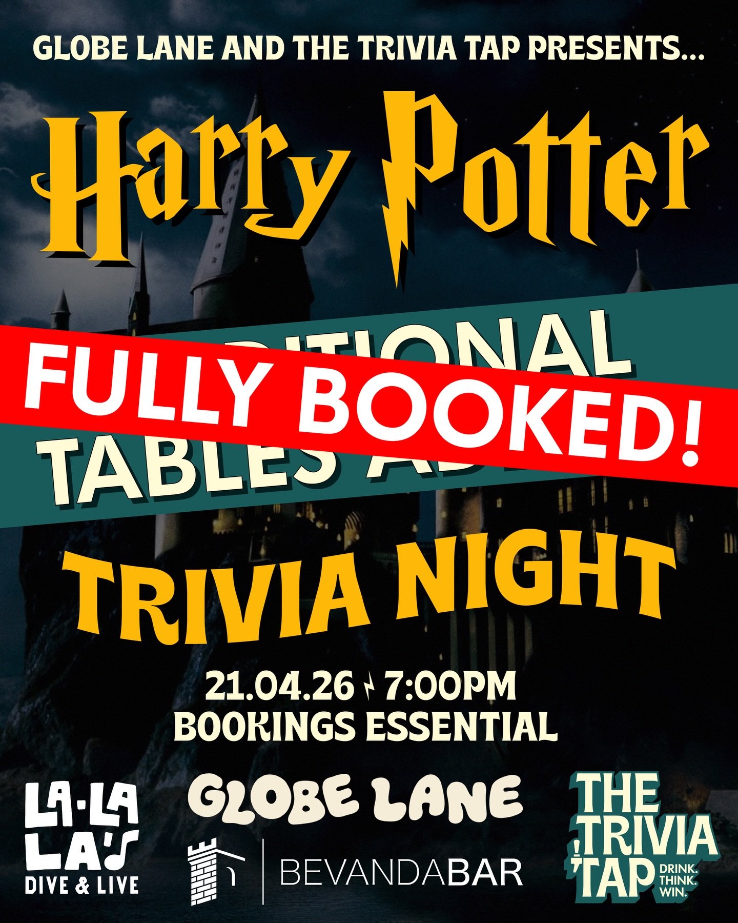 ADDITIONAL TABLES FULLY BOOKED ⚡️

We have fully booked out our Harry Potter trivia night on Tuesday 21st April at @lalalaswollongong and @bevanda_bar_wollongong 🪄

There will be OVER 200 muggles taking part, so make sure you study up on your spells