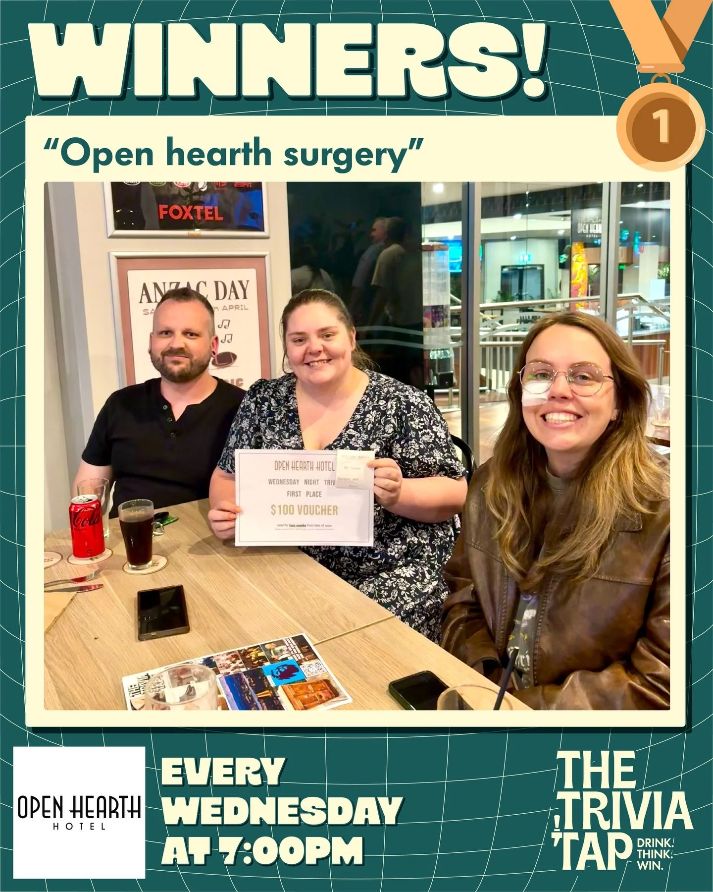 7 teams quizzed with us at @theopenhearthhotel last night! 🧠

The winners &ldquo;Open hearth surgery&rdquo; were rewarded with a $100 voucher! 💵

Pippa&rsquo;s back on the mic next Wednesday at 7. Be there! 🎤