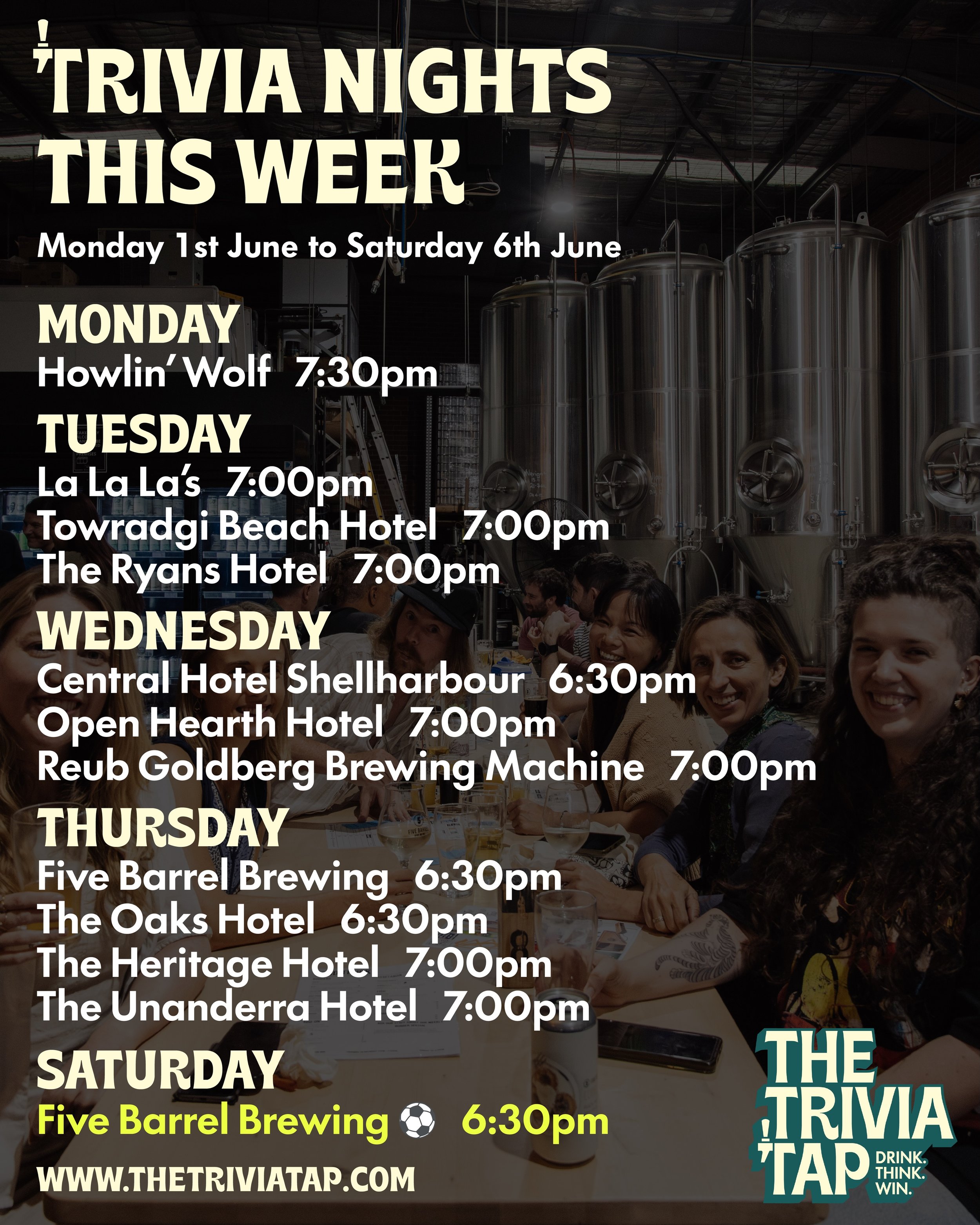 We&rsquo;re kicking off June with a big week! There are 12 trivia nights lined up for you from Monday to Saturday! Where will you be quizzing? 🍻🧠⚽️

MONDAY
@howlinwolfbar 7:30pm

TUESDAY
@lalalaswollongong 7:00pm
@towradgibeachhotel 7:00pm
@ryansho