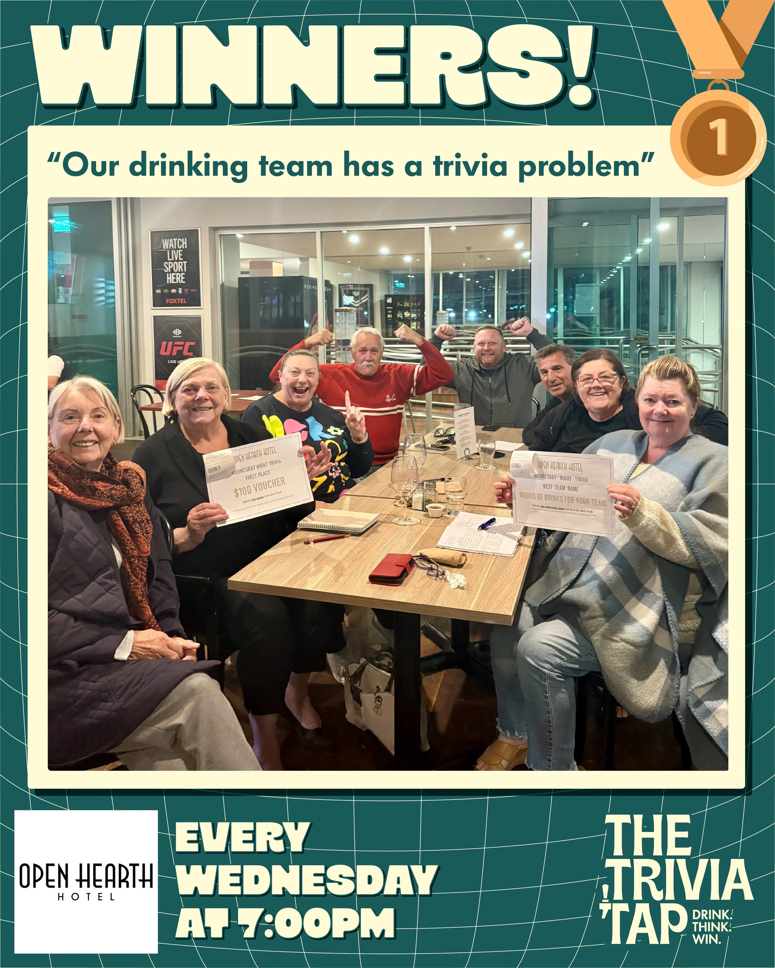 The trivia winners at @theopenhearthhotel last night won a $100 voucher! 💵

Thank you all for playing! 🙌

Join Pippa again next week for another night of trivia fun! 🧠