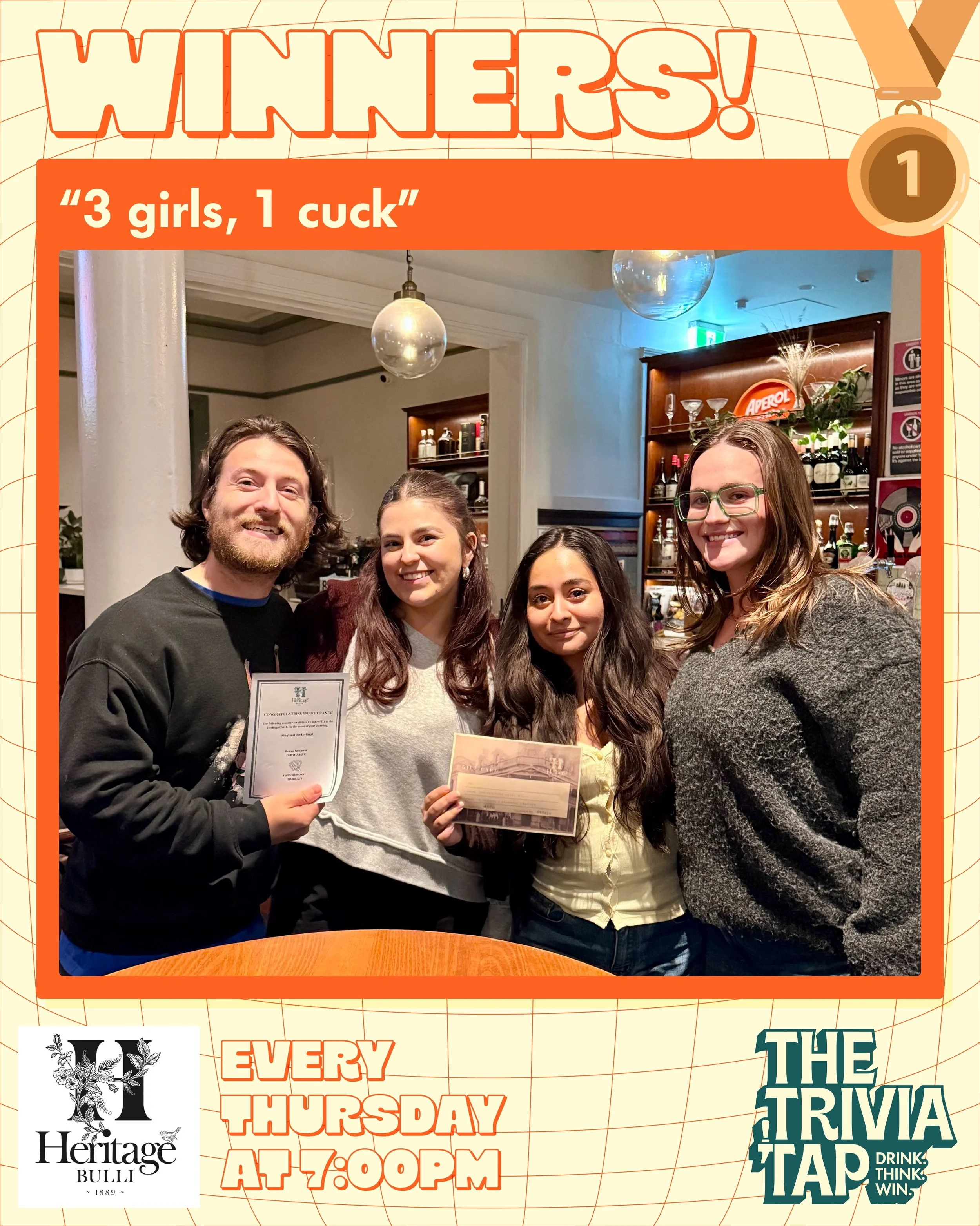 A new set of winners claimed trivia victory at @heritagehotelbulli last night! 🫨

They won a $100 food + drink voucher! 🍔🍷🥩

Sam returns to the microphone next Thursday for an action packed night. See you then! 🧠