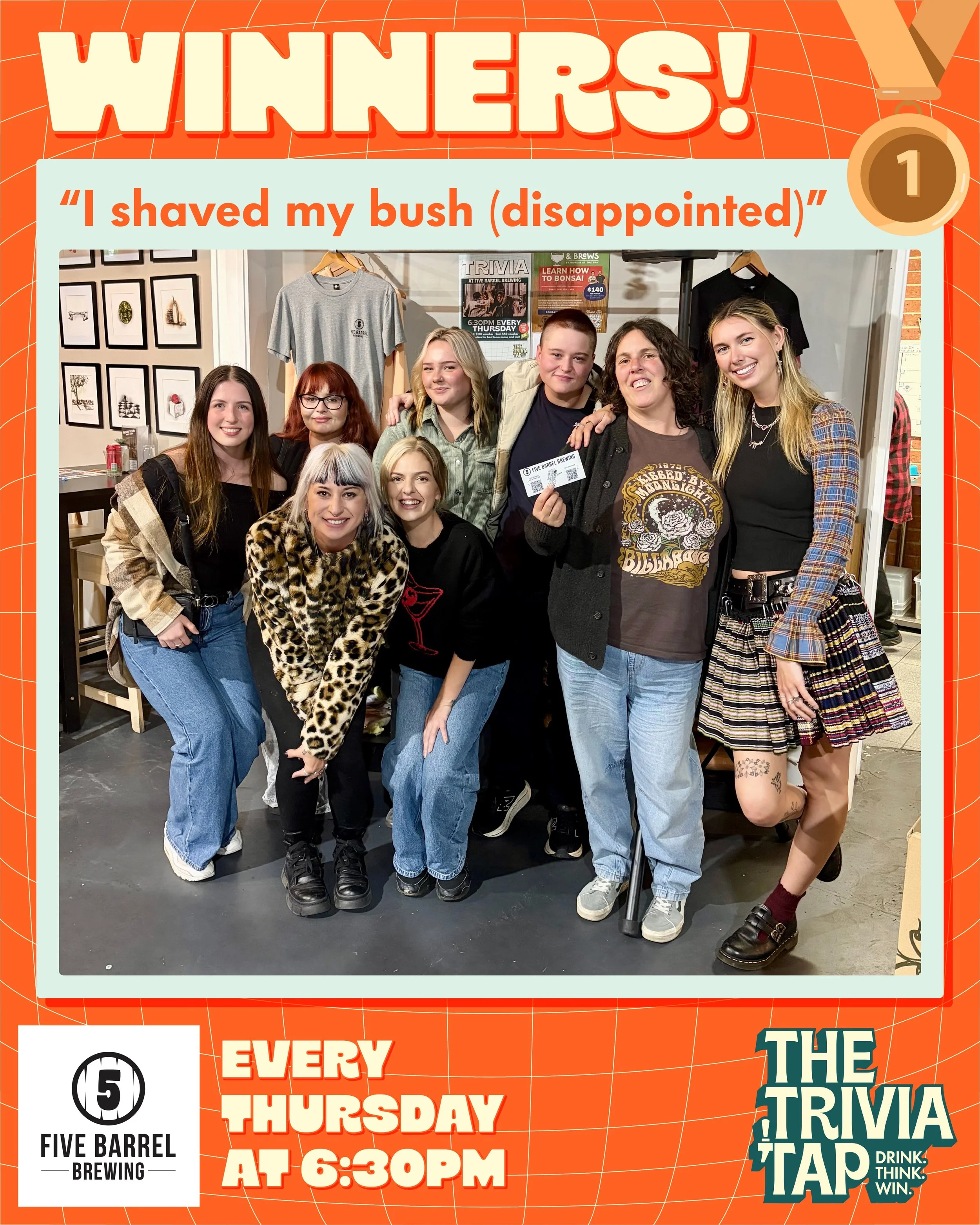 &ldquo;I shaved my bush (disappointed)&rdquo; were crowned trivia champions at @fivebarrelbrewing last night! 🪒🌳🪒

Thanks to all 12 teams for spending your Thursday night drinking and thinking with us! 🍻

Matt returns to the mic next week. See yo