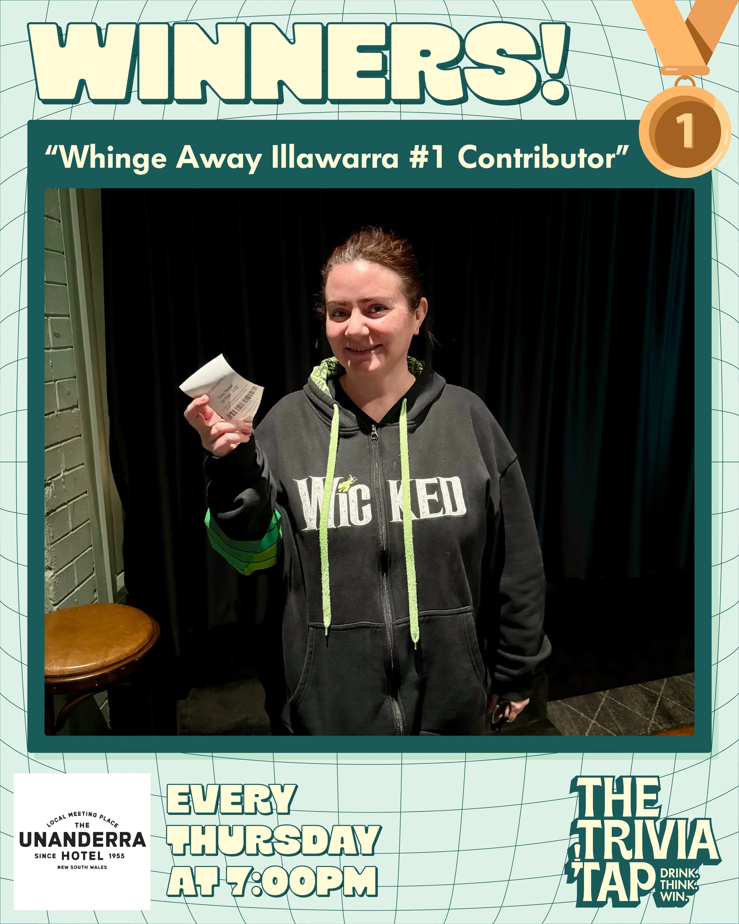 A very intelligent solo winner pocketed a $100 voucher at @theunanderrahotel last night! 💵

Thank you to all 8 teams for quizzing with us💡

Jayna&rsquo;s reloading the quiz cannon now&hellip; see you next week for more! 💥