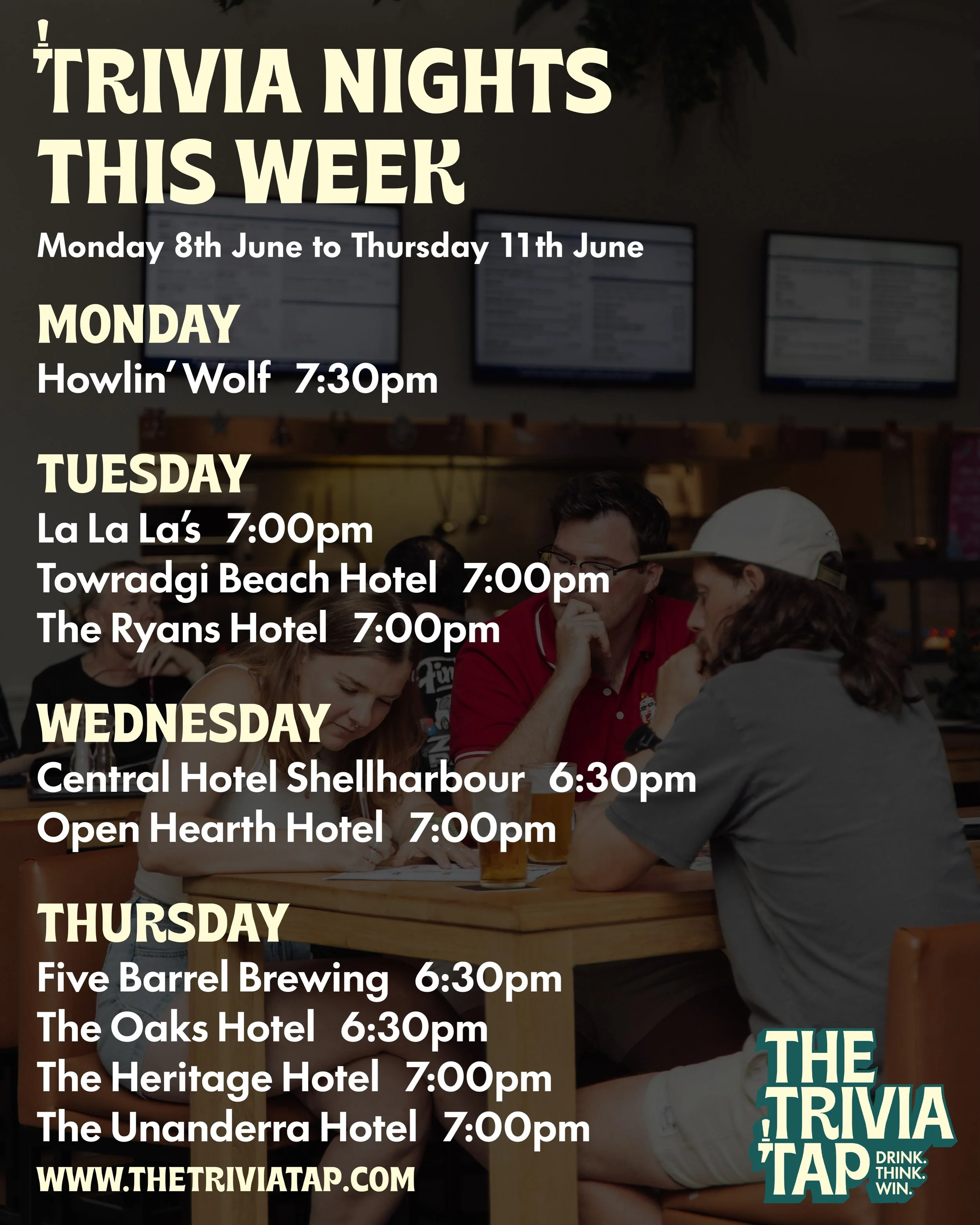 Here&rsquo;s where we&rsquo;re quizzin&rsquo; this week! ✍️

Send this to the group chat, team up and take home the prizes! 💵🍻🏆

MONDAY
@howlinwolfbar 7:30pm

TUESDAY
@lalalaswollongong 7:00pm
@towradgibeachhotel 7:00pm
@ryanshotelthirroul 7:00pm
