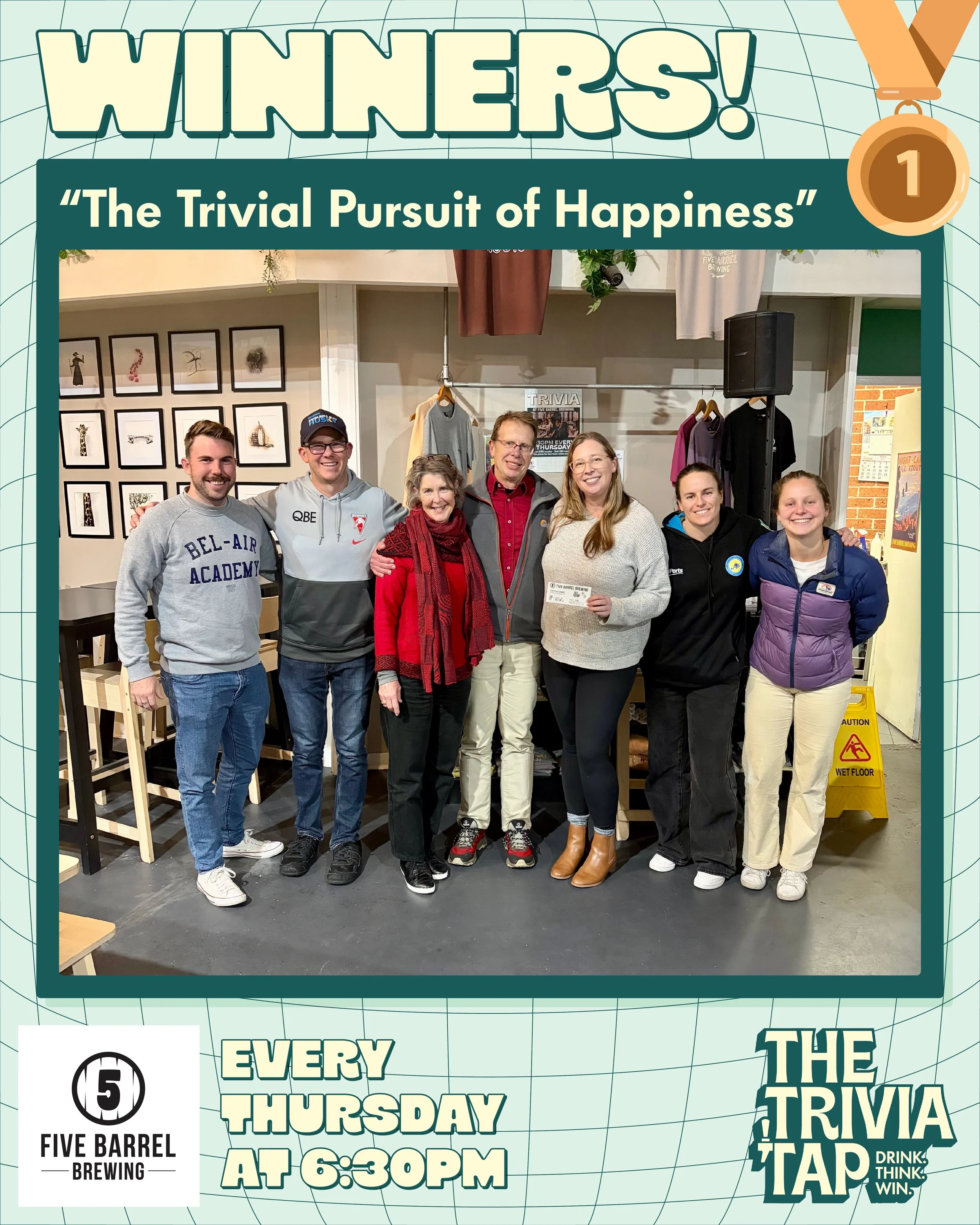 Thursday trivia nights hit different at @fivebarrelbrewing! 👐

71 players battled it out last night, with first place decided by a tie-breaker after two teams finished level on 58 points. The only thing tougher than the quiz was Matt trying to prono