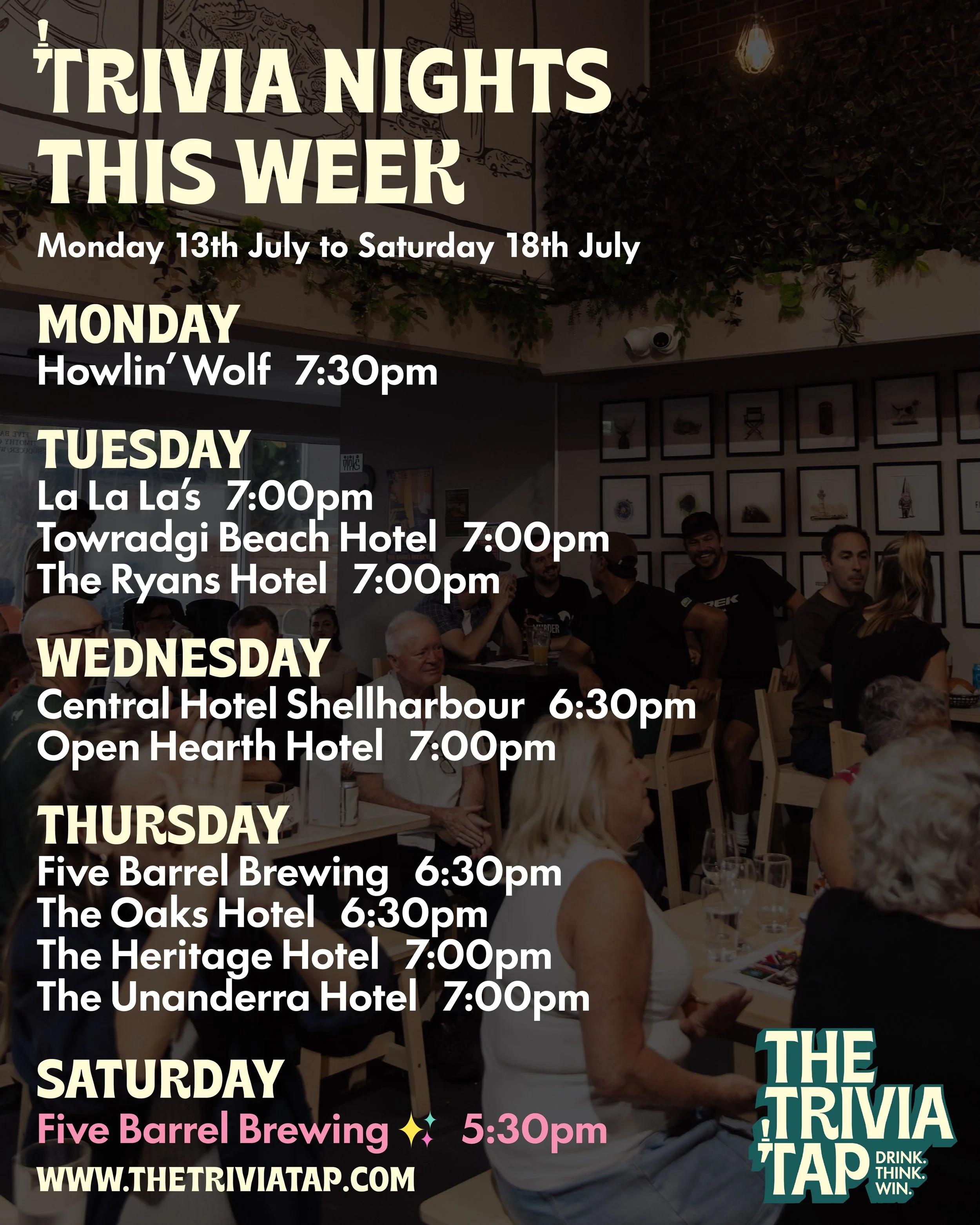 We&rsquo;ve got 11 trivia nights lined up for you from Monday to Saturday this week! Where will you be quizzing? 🍻🧠✨

MONDAY
@howlinwolfbar 7:30pm

TUESDAY
@lalalaswollongong 7:00pm
@towradgibeachhotel 7:00pm
@ryanshotelthirroul 7:00pm

WEDNESDAY
@