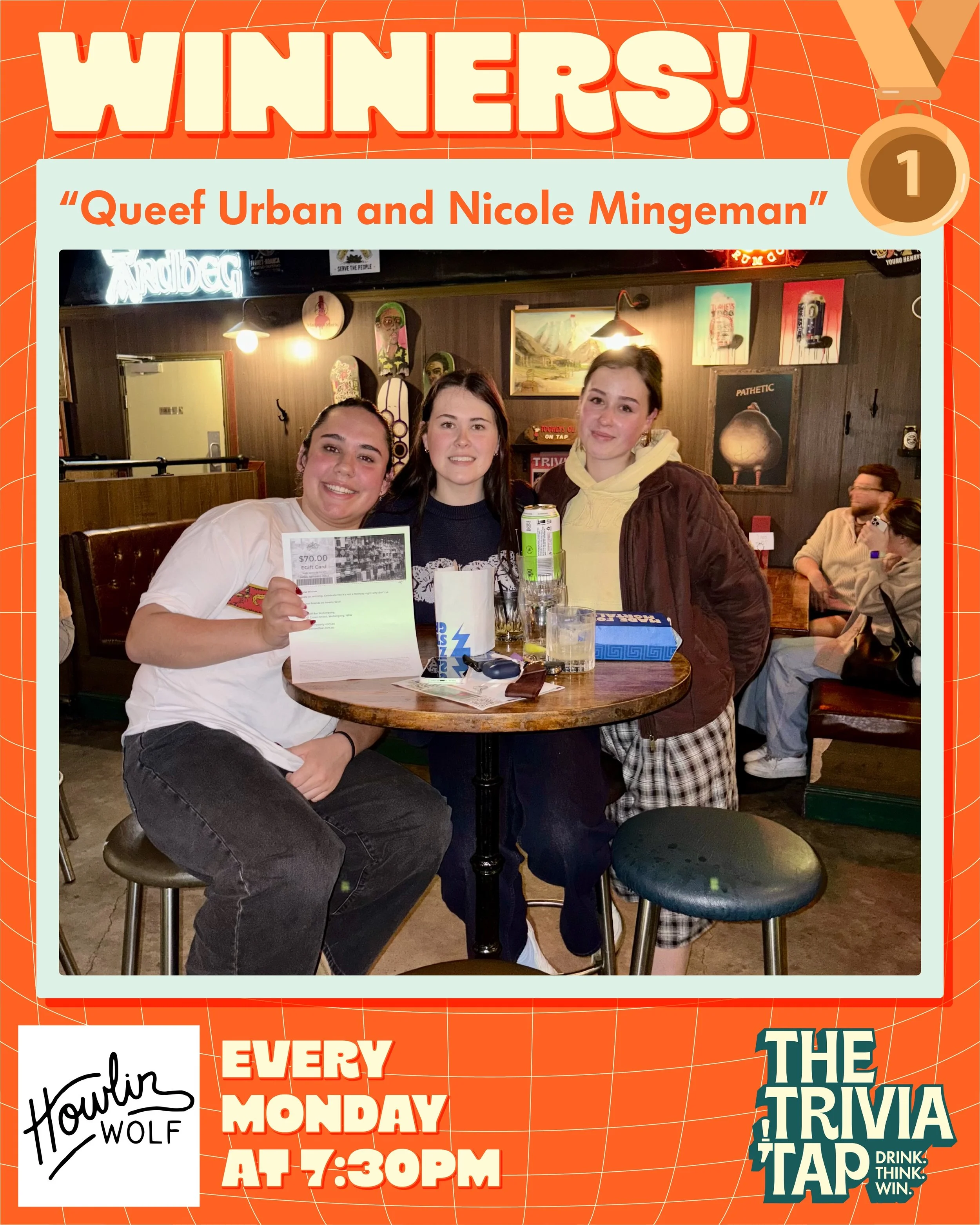 Monday madness at @howlinwolfbar! 🦖🪦🍻

65 players packed the house for another huge night of trivia, with &ldquo;Queef Urban and Nicole Mingeman&rdquo; taking home the win and a $70 voucher with a score of 61 points!

The creativity of the team na