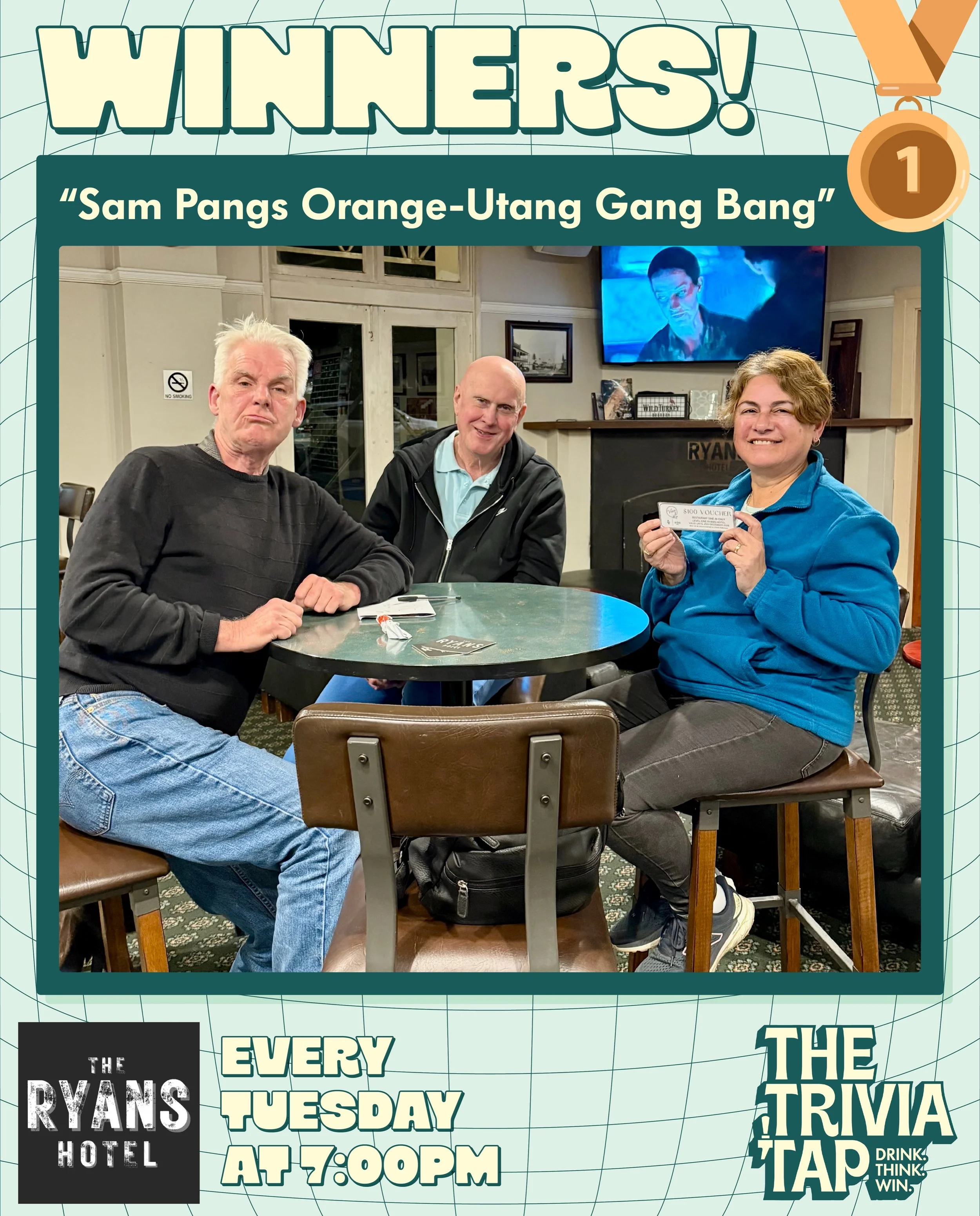 Six trivia-hungry teams joined us at @ryanshotelthirroul on Tuesday night for another great evening of laughs, friendly competition and awesome prizes! 🍻🧠🏆

The familiar faces of &ldquo;Sam Pangs Orange-Utang Gang Bang&rdquo; claimed another win, 