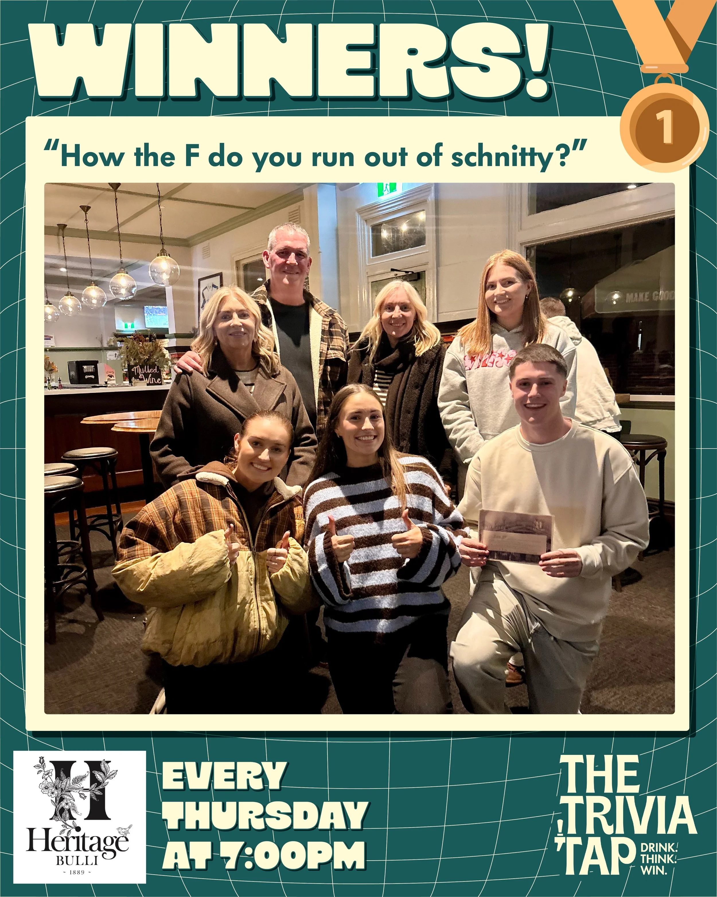 There was a three-way in Bulli last night... for 1st place at @heritagehotelbulli trivia! 😂3️⃣👀

A trio of teams finished tied on 59 points, but after the tiebreaker, a team of quiz newbies were crowned champions and walked away with the $100 vouch