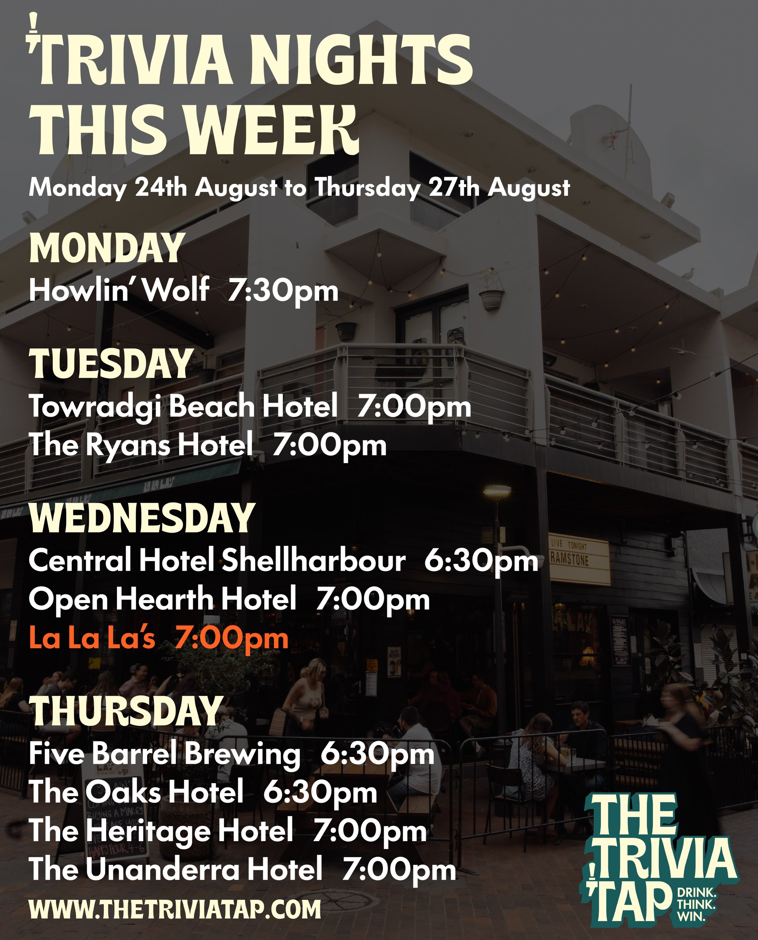 Here&rsquo;s what&rsquo;s on tap this week from Thirroul to Shellharbour!💡

🚨And remember, trivia at @lalalaswollongong this week is on Wednesday&hellip; 

MONDAY
@howlinwolfbar 7:30pm

TUESDAY
@towradgibeachhotel 7:00pm
@ryanshotelthirroul 7:00pm
