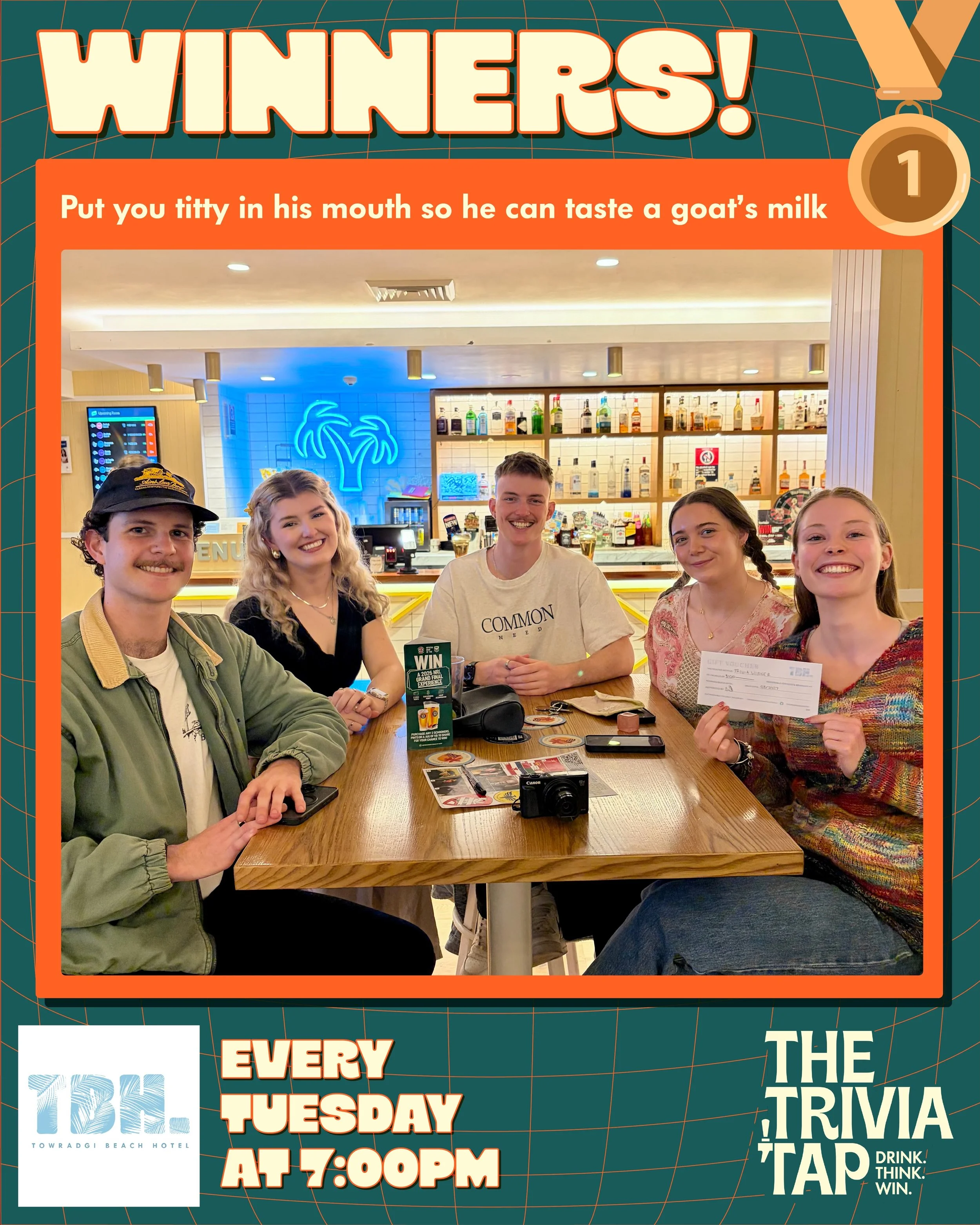 89 players packed into @towradgibeachhotel last night! 🍻🧠✍️

A massive Tuesday night with some truly unhinged team names, plenty of prizes and a dead heat at the top &mdash; &ldquo;Put you titty in his mouth so he can taste a goat&rsquo;s milk&rdqu