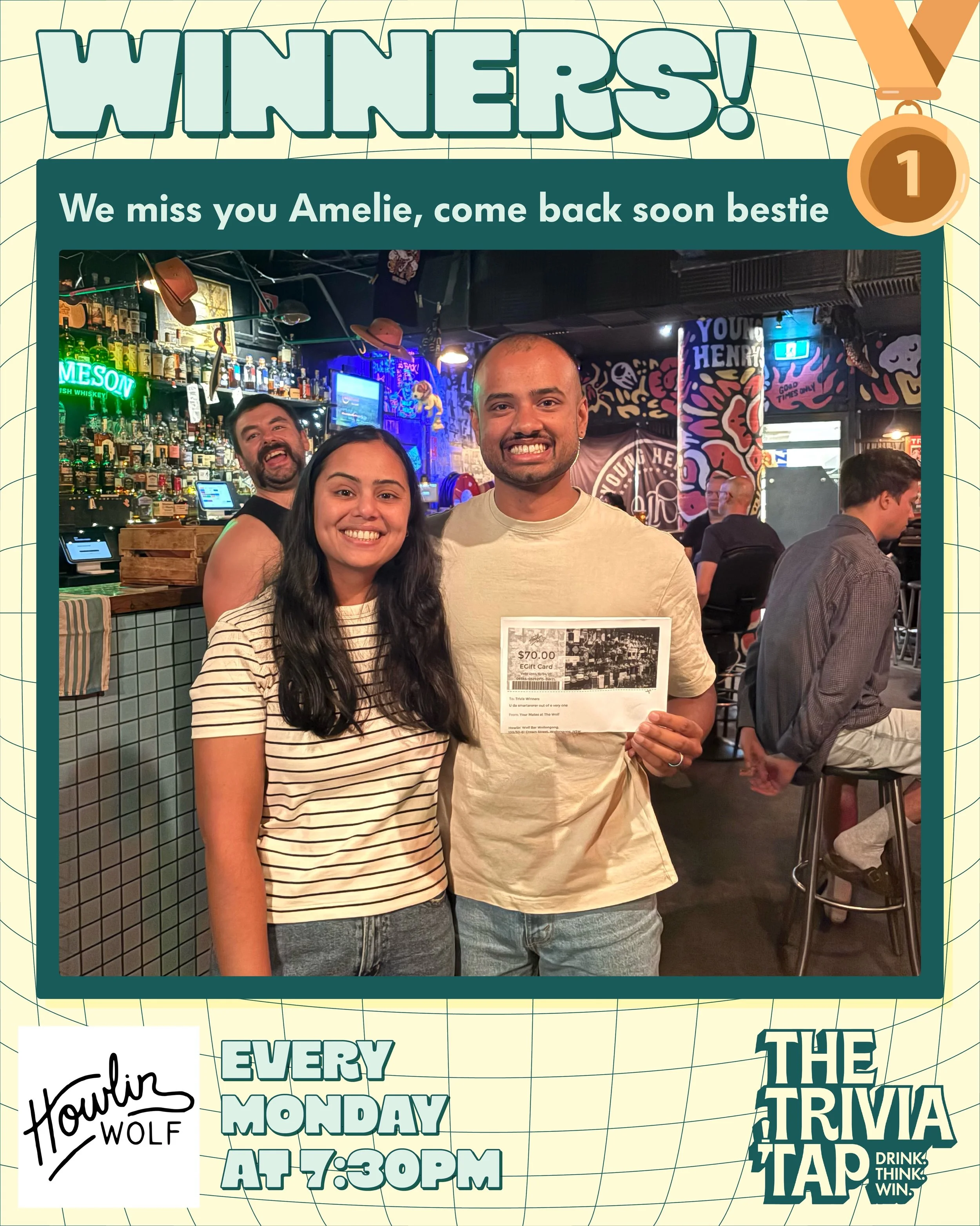 Amelie, your players miss you. But apparently not enough to let someone else win! 😂

14 teams battled it out at @howlinwolfbar last night, with Pippa stepping in for Amelie on the mic! Last week&rsquo;s winning duo made it TWO IN A ROW, scoring 52 p