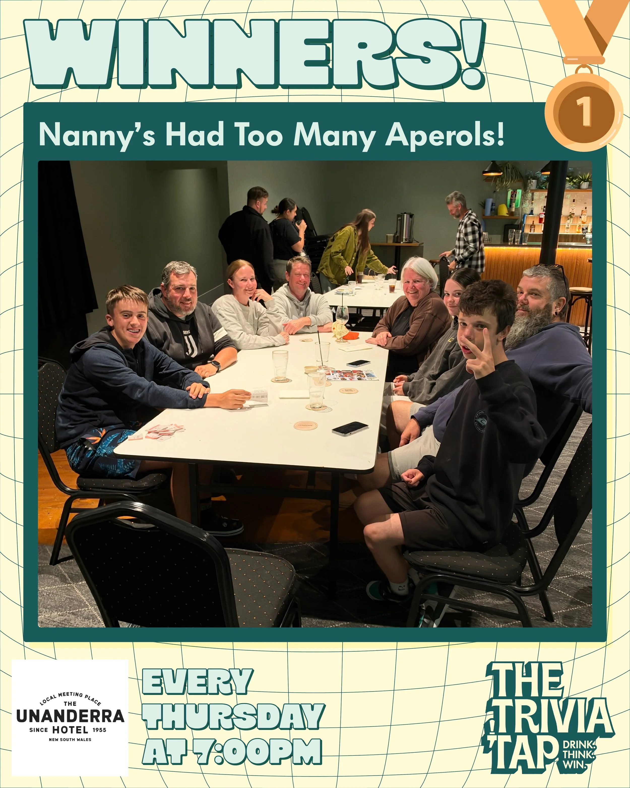 SIX teams. ONE unanswered jackpot question. And now, ONE THOUSAND DOLLARS up for grabs! 💰

A cracking night at @theunanderrahotel last night saw Nanny&rsquo;s Had Too Many Aperols! take the win on 47 points, with Is The Extreme Ironing Comp on Tonig