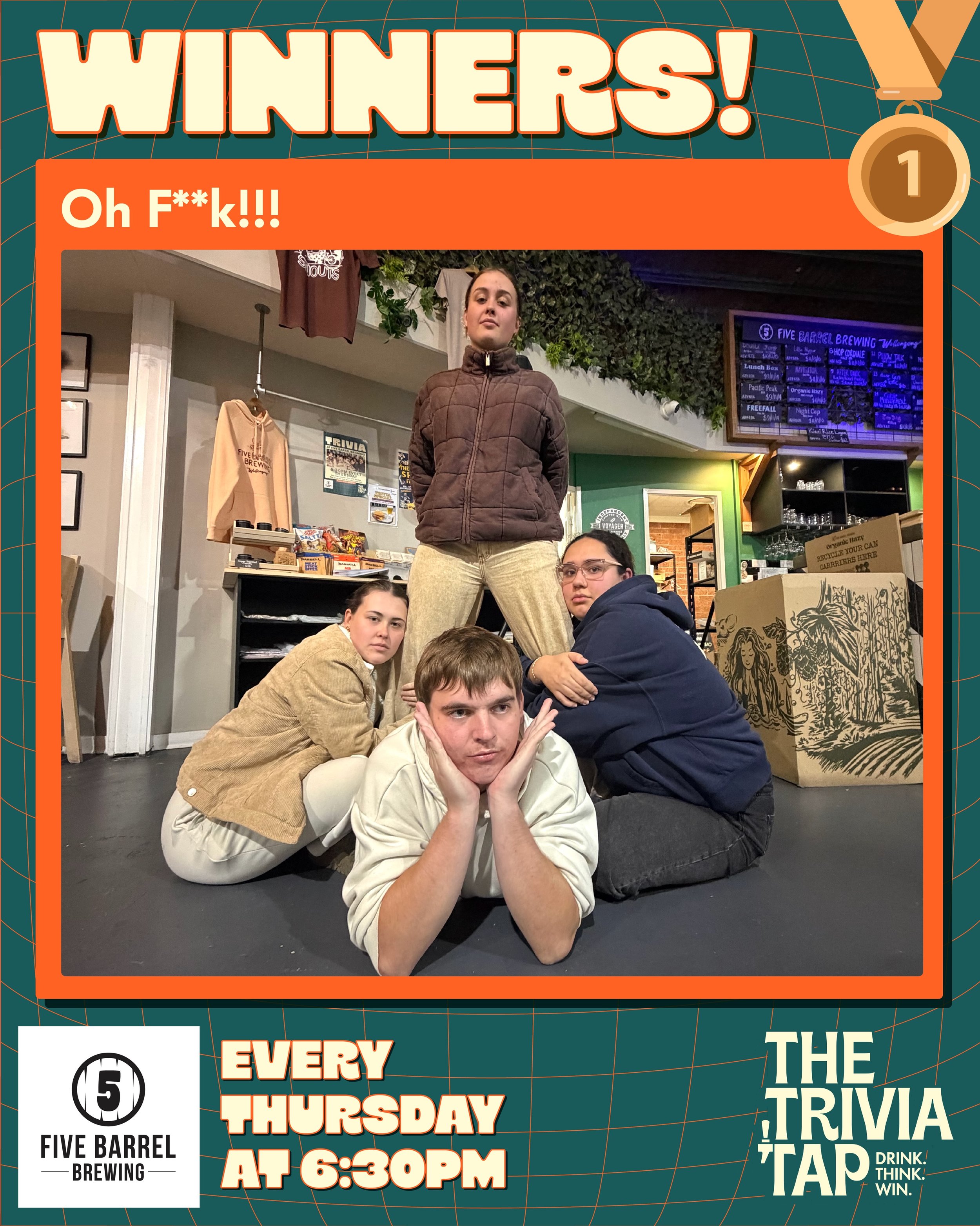 Oh F**k!!! What a night! 😂

68 players across 16 teams joined Matt at @fivebarrelbrewing last night, with Oh F**k!!! taking the win on 50 points, just ONE point ahead of The Trivial Pursuit of a Bag of Chips! Meanwhile, our Best Team Name winners we