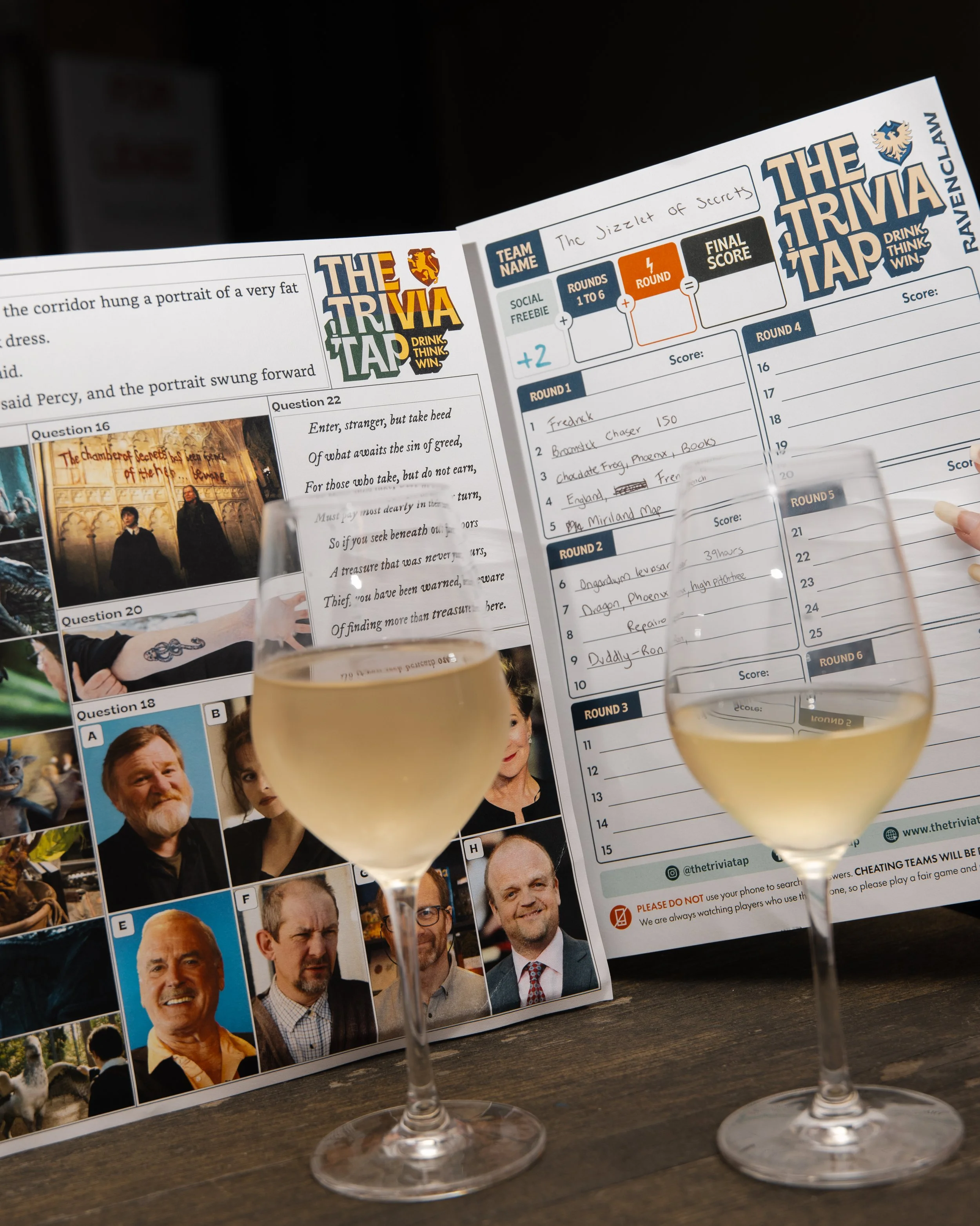 Two glasses of white wine in front of a trivia quiz paper with photos of people's faces and text, on a dark wooden table.