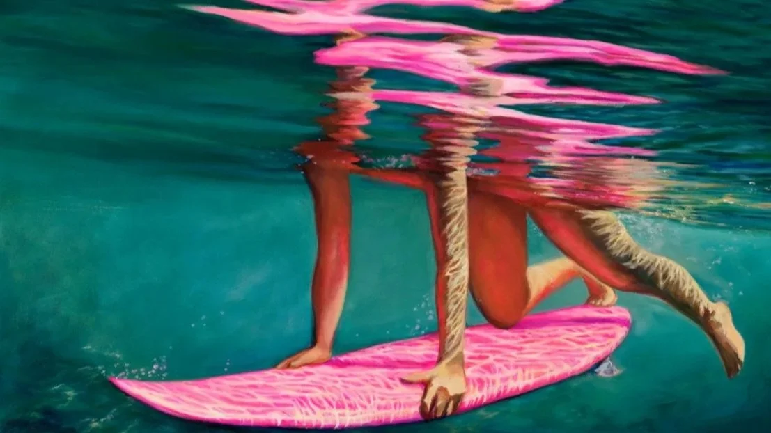 Surf painting in pink and teal by Claire Ogden, co-founder of Aloha Art Studios