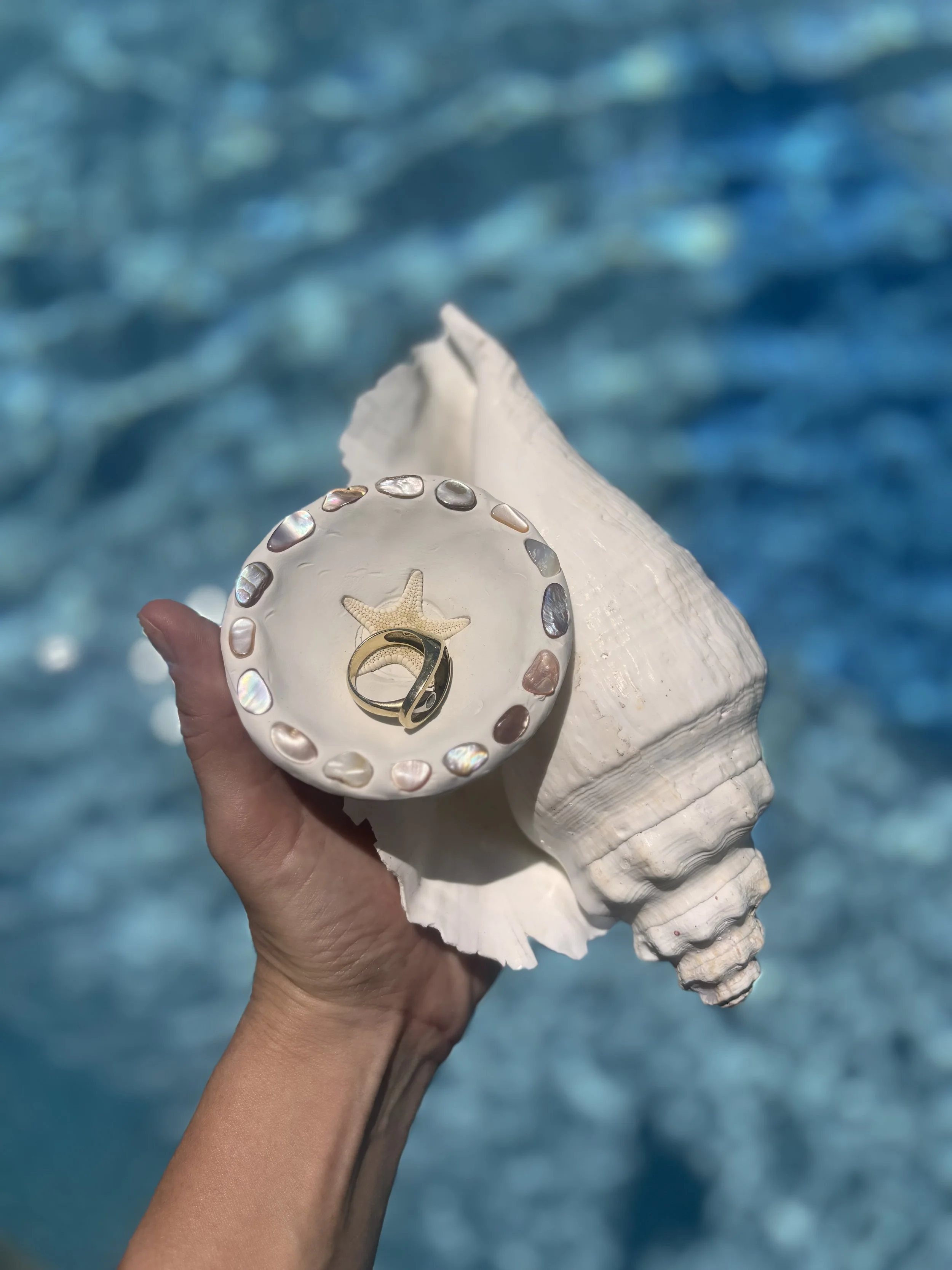 Hand holding a clay ring dish set with shells, in front of a conch
