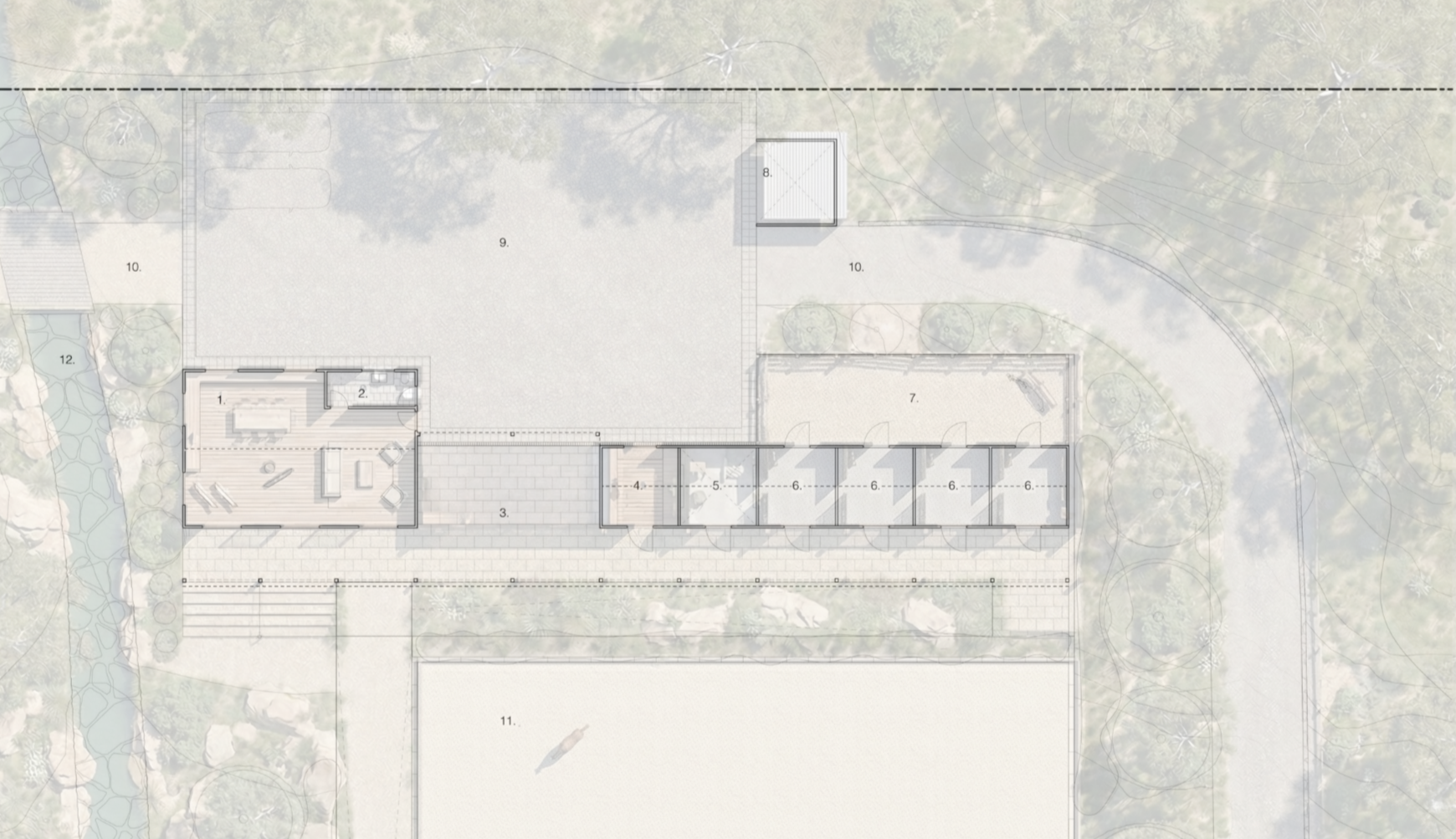 A detailed architectural site plan showing a building with numbered rooms, outdoor areas, pathways, a pond, and surrounding landscaping.