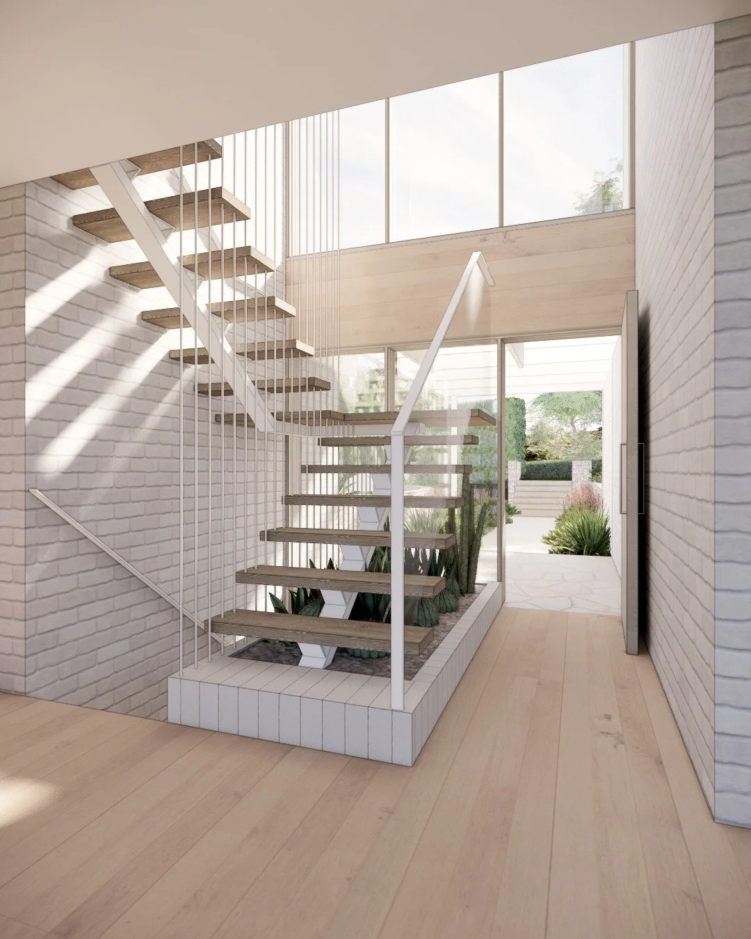 Designing the details for our St Ives project. This 3D render of the entry staircase isn't just for show; it's a crucial design tool that lets us refine ideas, experiment with materials, and perfect proportions. By resolving spaces digitally first, w