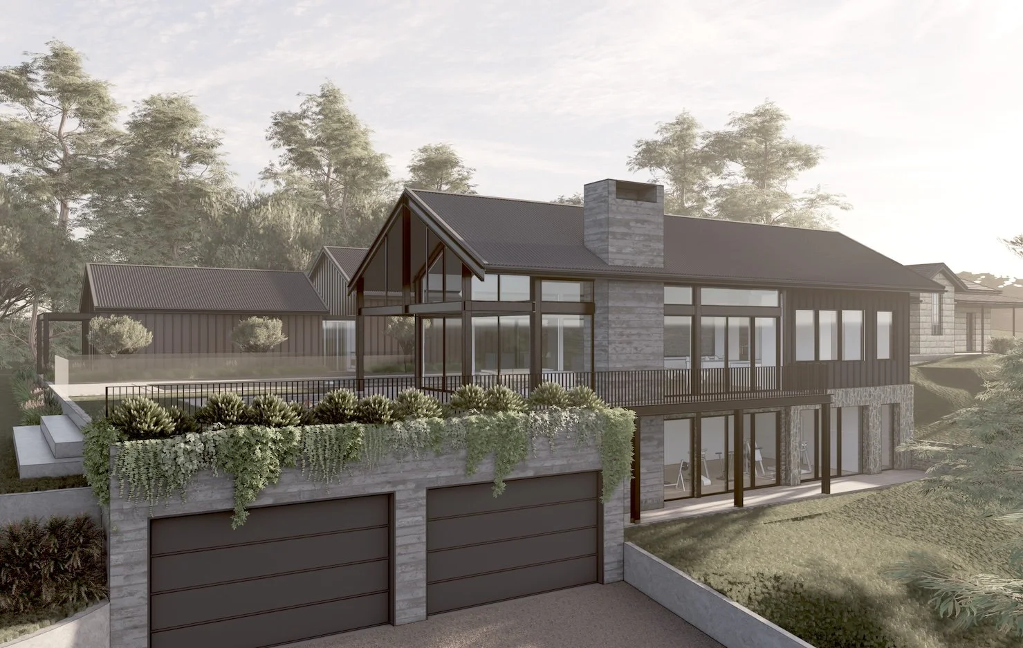 Our Galston design scheme preserves the character of the original sandstone cottage while seamlessly integrating a hidden 4-car garage and gym beneath the new living space. A discreet driveway keeps the street view modest and inviting. A perfect comb