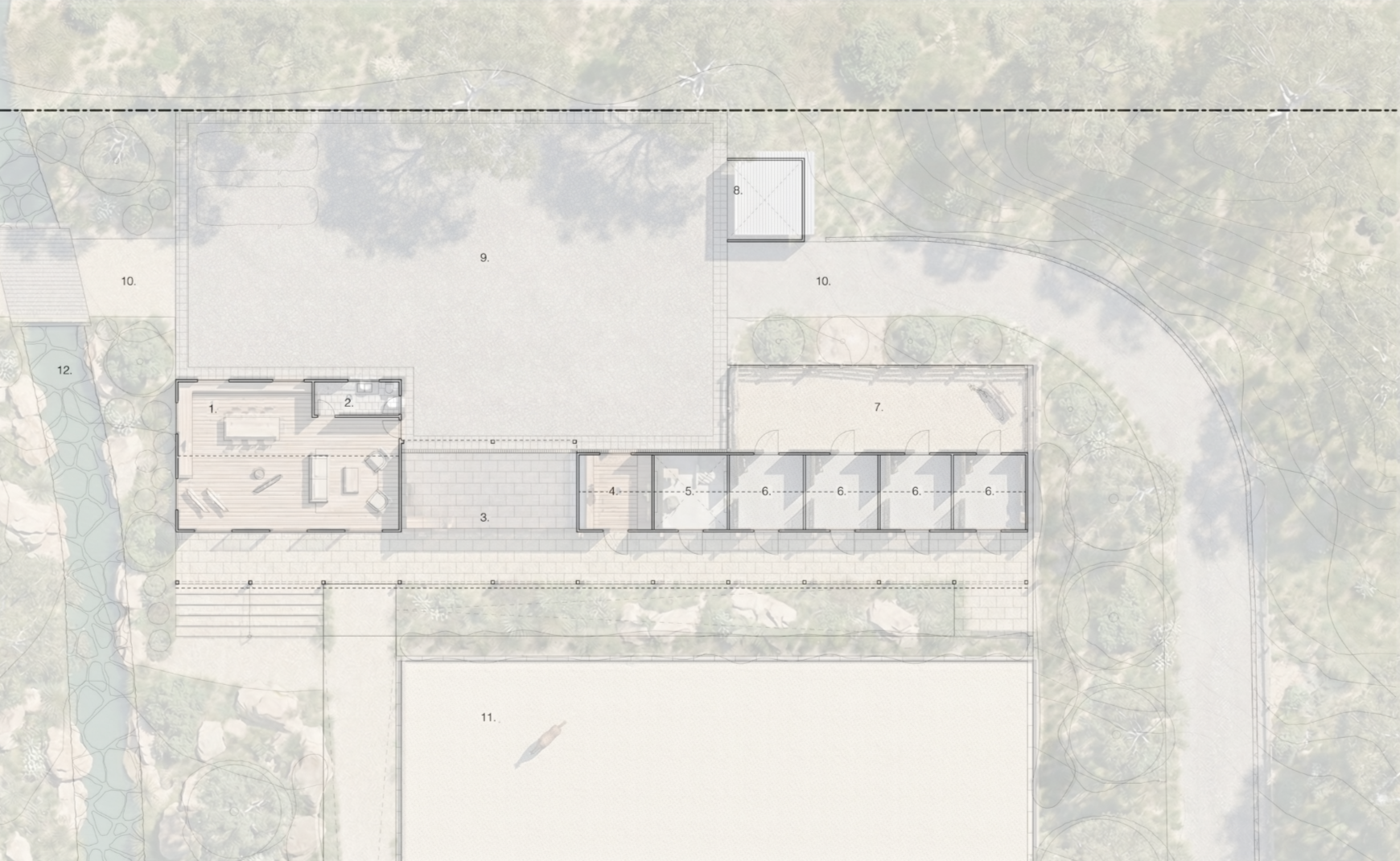Architectural blueprint of a house with surrounding landscape, including outdoor seating area, garden beds, trees, and pathways.