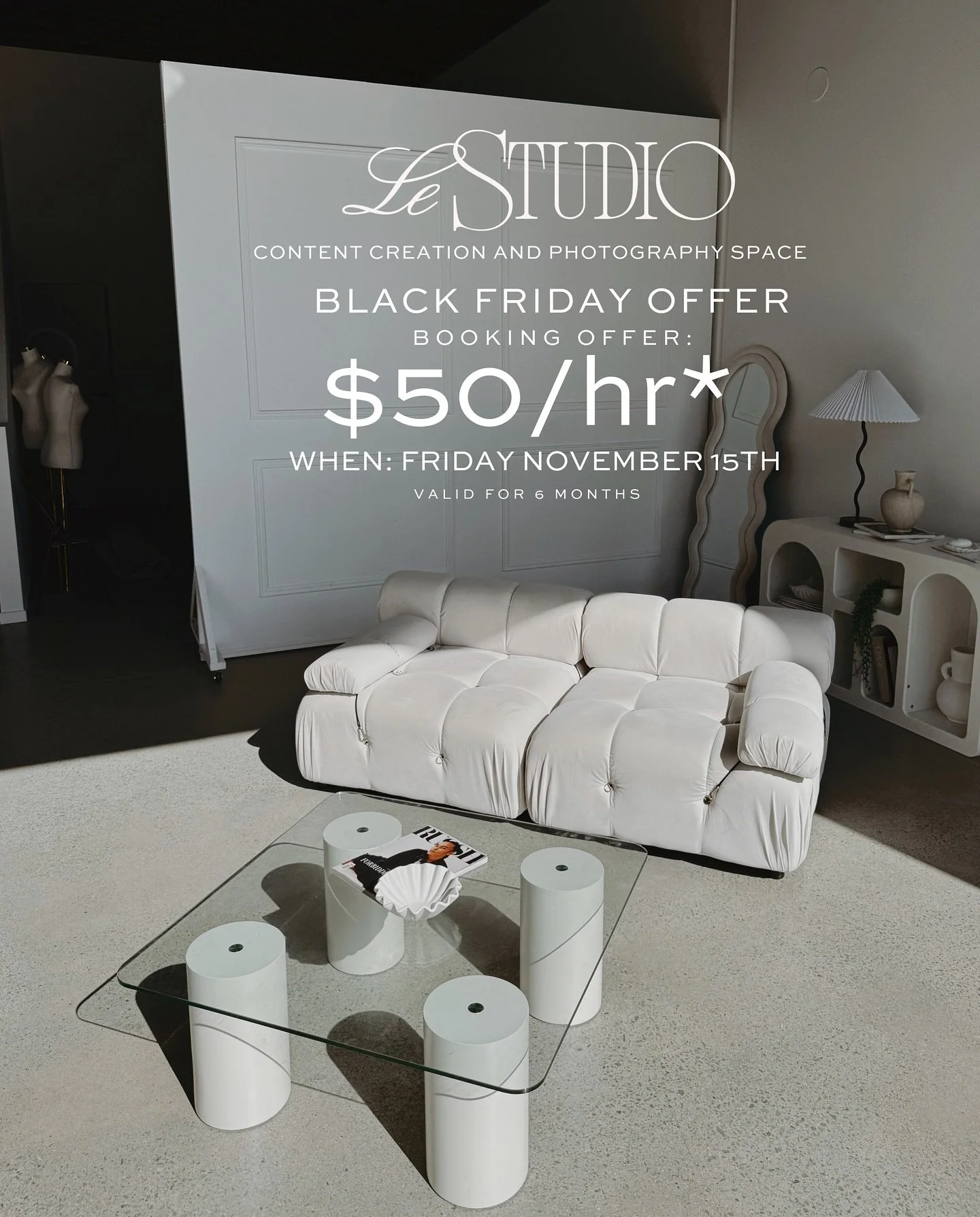 Le Studio is having a one day Black Friday Sale this Friday November 15th and you&rsquo;re invited!
(Save and share this post)

We&rsquo;re offering $50/hr (2 hr min) bookings that are available for pre-purchase and can be redeemed in the next 6 mont
