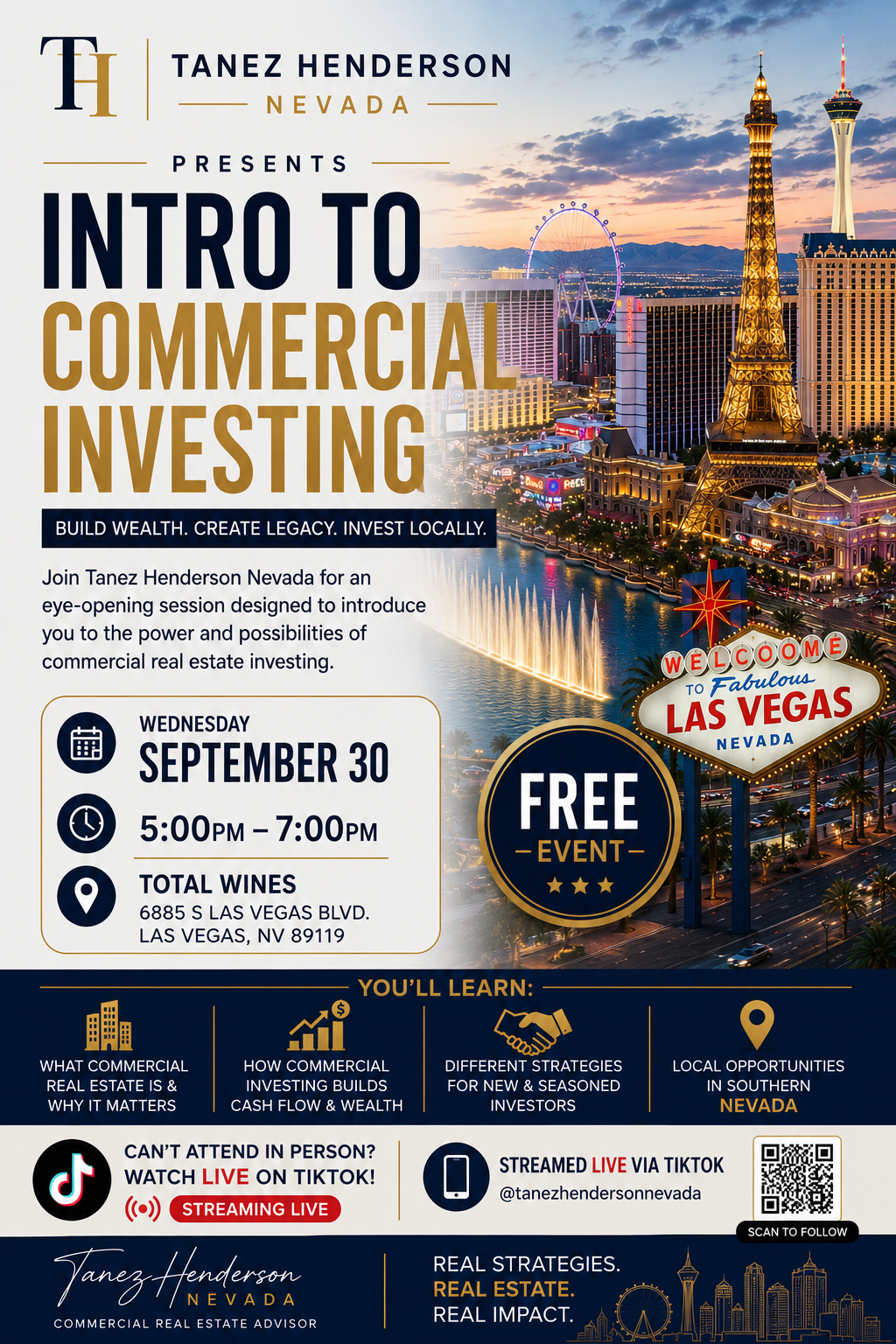 Promotional flyer for a commercial investing event in Las Vegas, Nevada, hosted by Tanez Henderson Nevada, featuring iconic cityscape background, date, time, location, and event details.