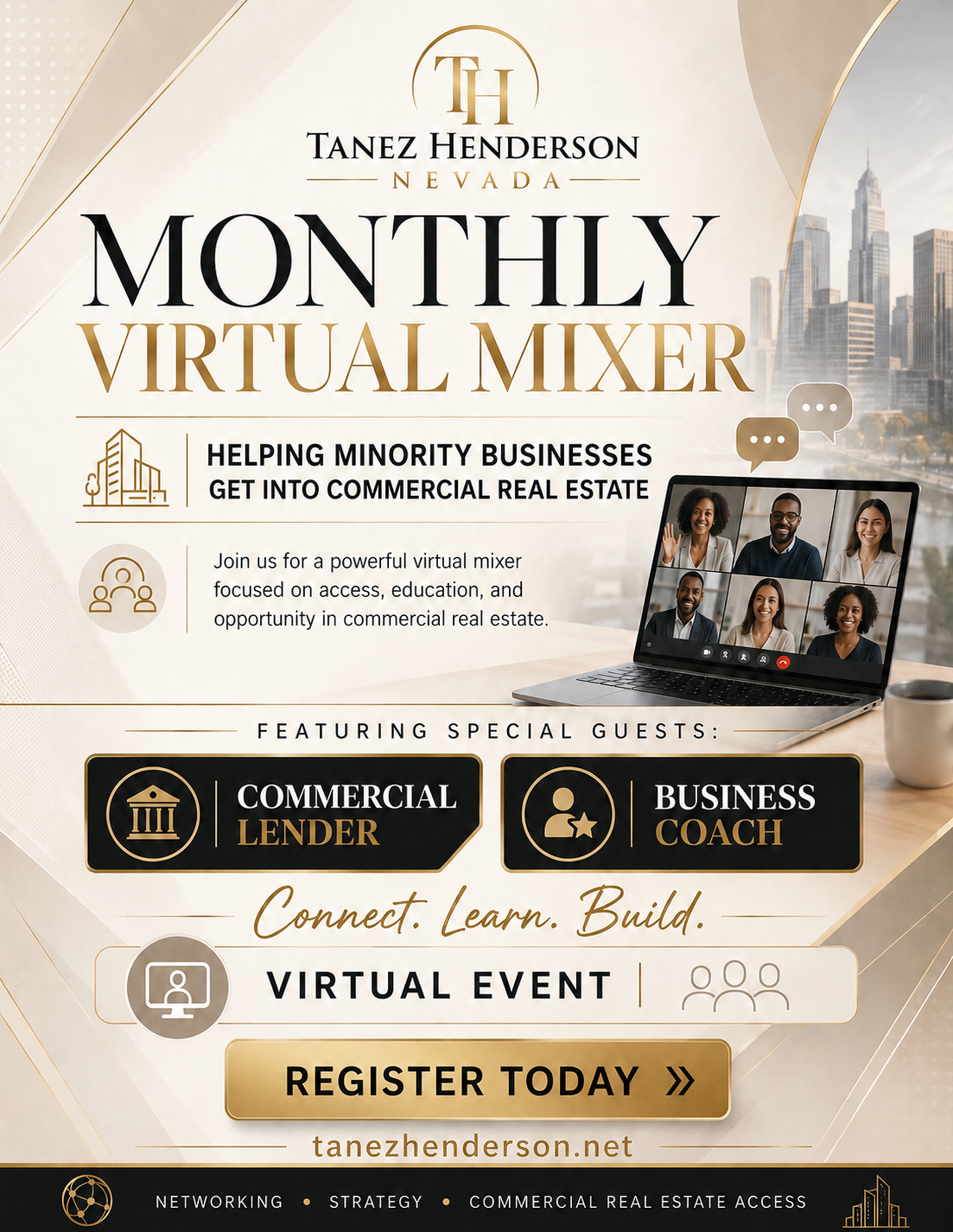 Black and gold flyer for the Tanez Henderson Nevada monthly virtual mixer, featuring a city skyline, a virtual meeting with six people, icons of a building, people, and a person with a star, and buttons to register for the event.