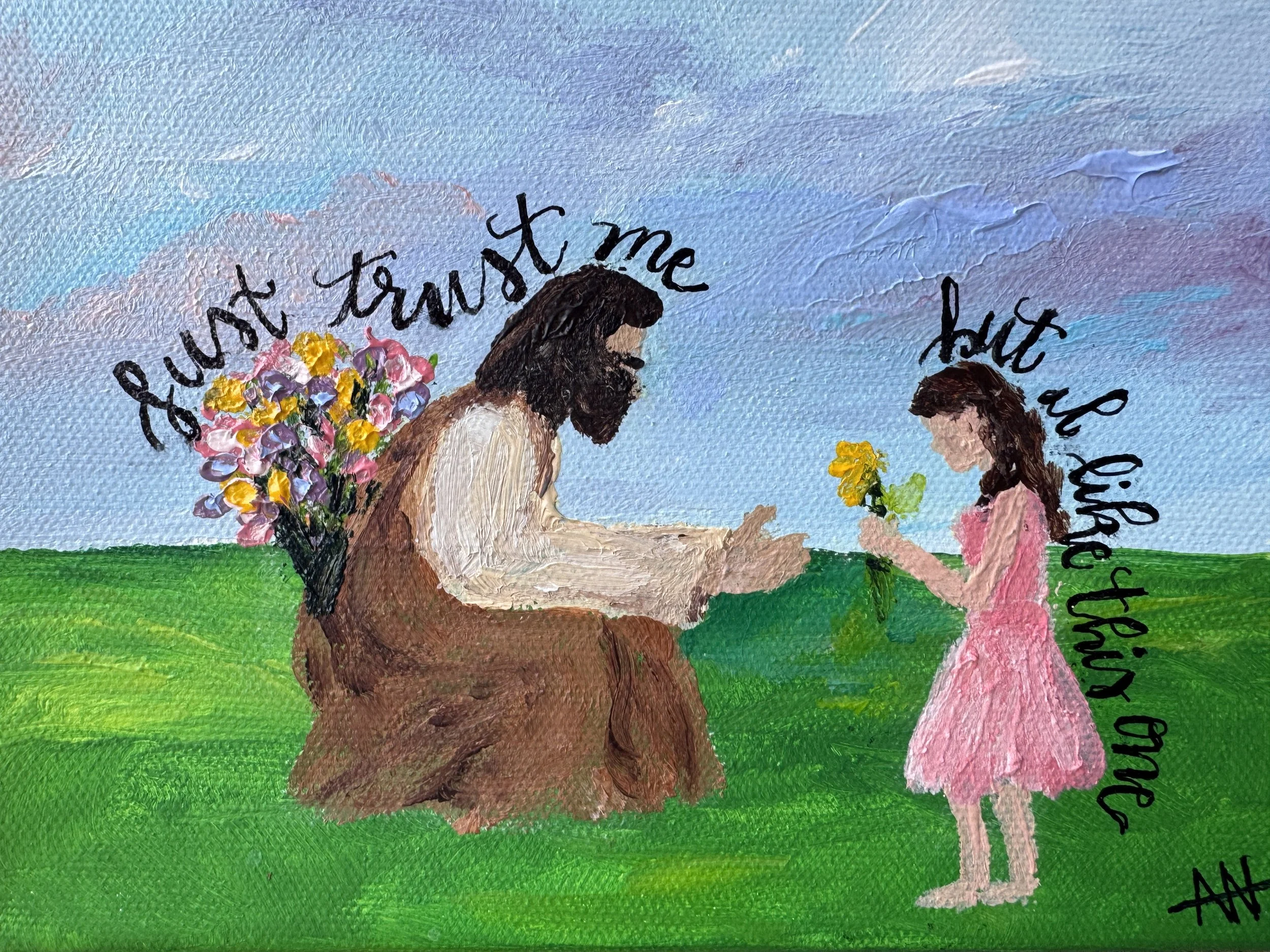 Custom painting of Jesus and young girl, commissioned artwork by Amanda Ray Newman