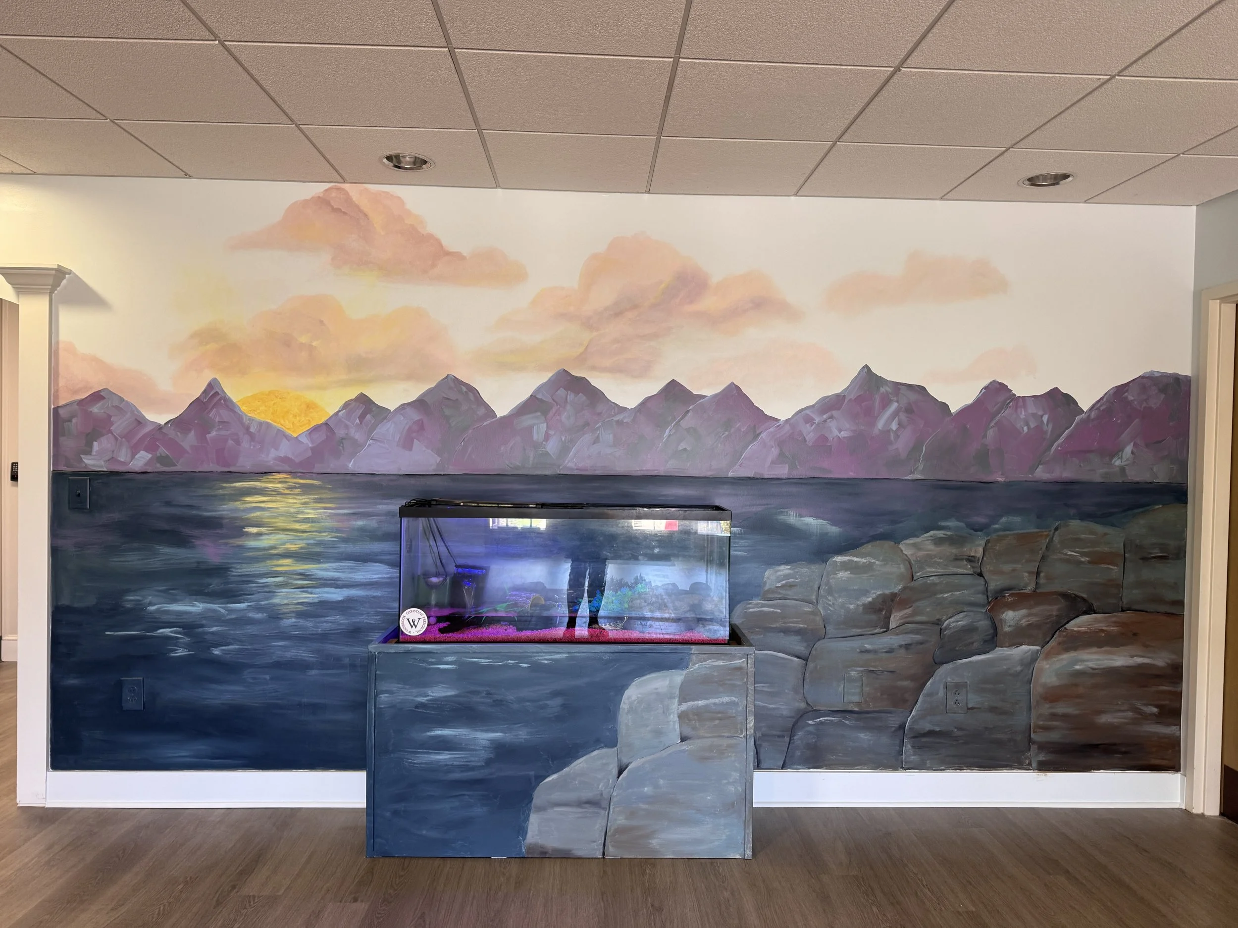 Mountain Turtle Habitat mural painted by Amanda Ray Newman in a Preschool Entrance