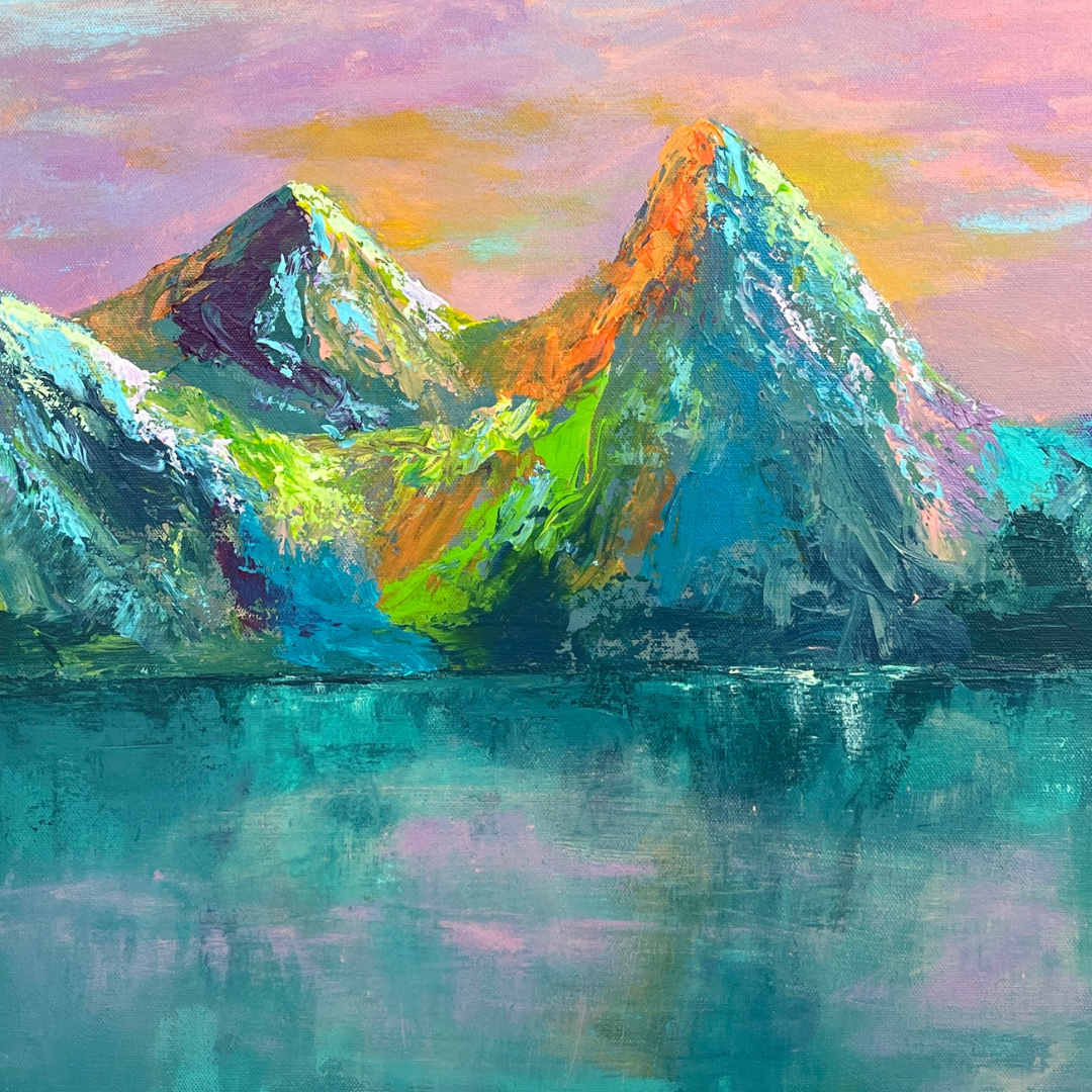 Colorful abstract painting of mountains reflected in water under a vibrant sky.  original art.  local artist.  abstract realism