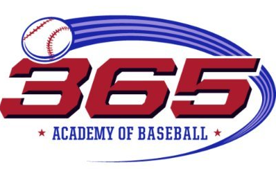 Logo for 365 Academy of Baseball featuring a baseball, swooping blue lines, and bold red text '365' with blue 'ACADEMY OF BASEBALL' underneath.