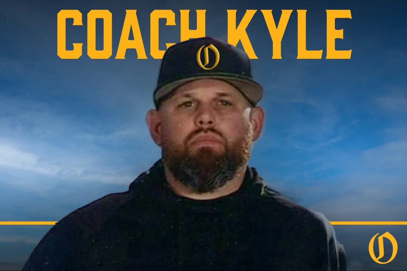 A man wearing a black sports jacket and a black cap with a yellow 'O' logo. The background is cloudy, and yellow text at the top reads 'COACH KYLE.' A yellow horizontal line and a logo are at the bottom right corner.