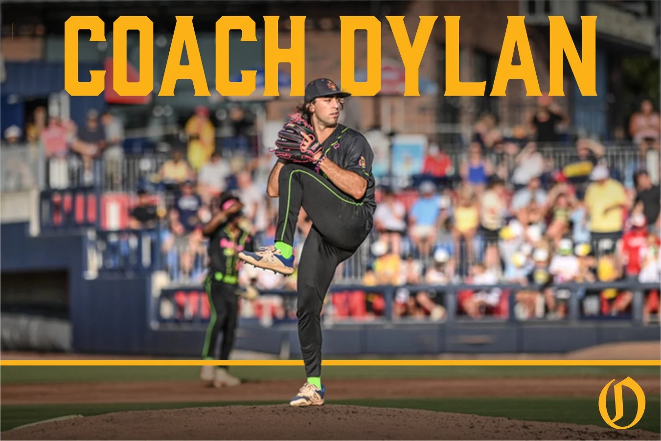 A baseball player in black uniform with green trim doing a high kick on the pitcher's mound during a game, with spectators in the stands in the background and large yellow text reading 'COACH DYLAN' at the top.