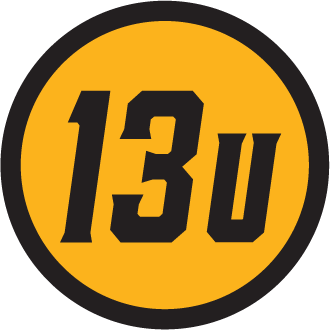 Yellow circular badge with black border and bold black text '13U' in the center.