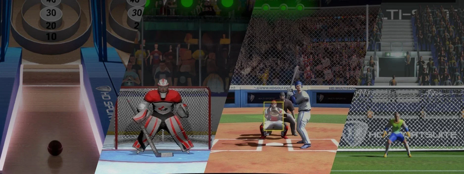 Collage of video game sports scenes including golf, hockey, baseball, and soccer.