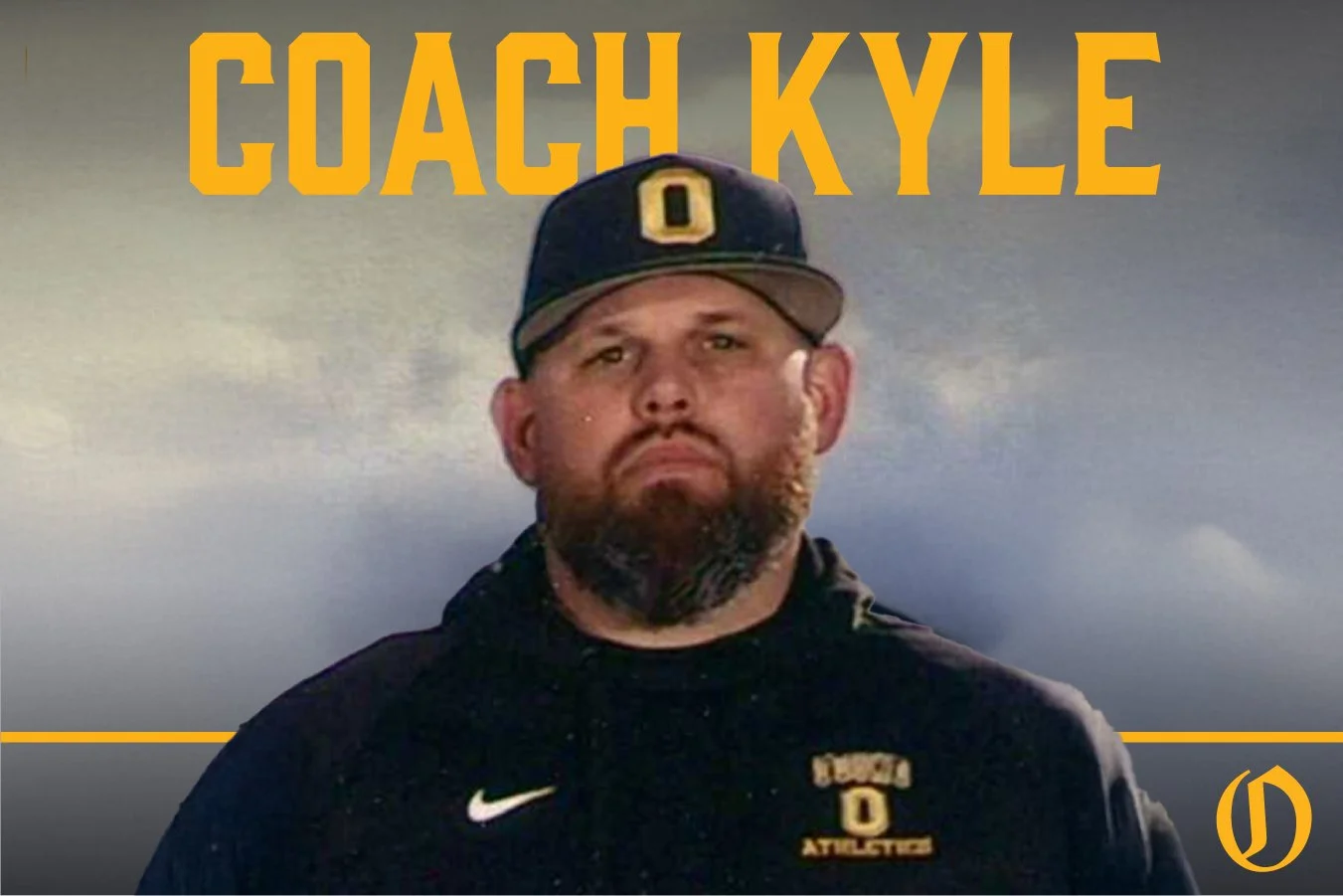 A man wearing a black sports jacket and a black cap with a yellow 'O' logo. The background is cloudy, and yellow text at the top reads 'COACH KYLE.' A yellow horizontal line and a logo are at the bottom right corner.