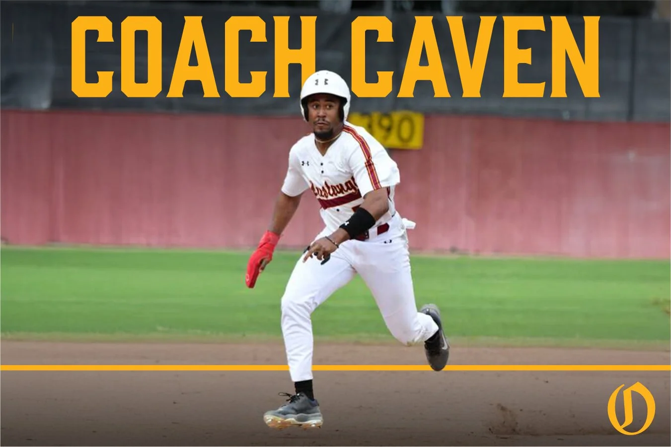 A baseball player in a white uniform with red and yellow accents running on the field, wearing a helmet and carrying a glove, with the text 'COACH CAVEN' in large yellow letters above him.