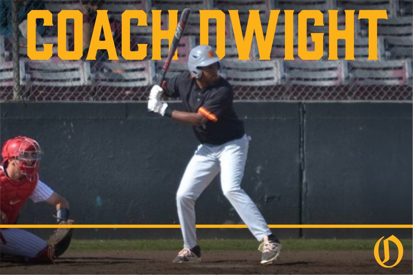 A baseball player at bat during a game, with a catcher behind him and spectators in the background. The text 'COACH WIGHT' is displayed at the top in bold yellow letters.