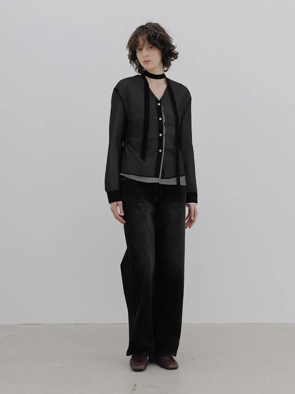 Sheer Mesh Layered Tie Blouse