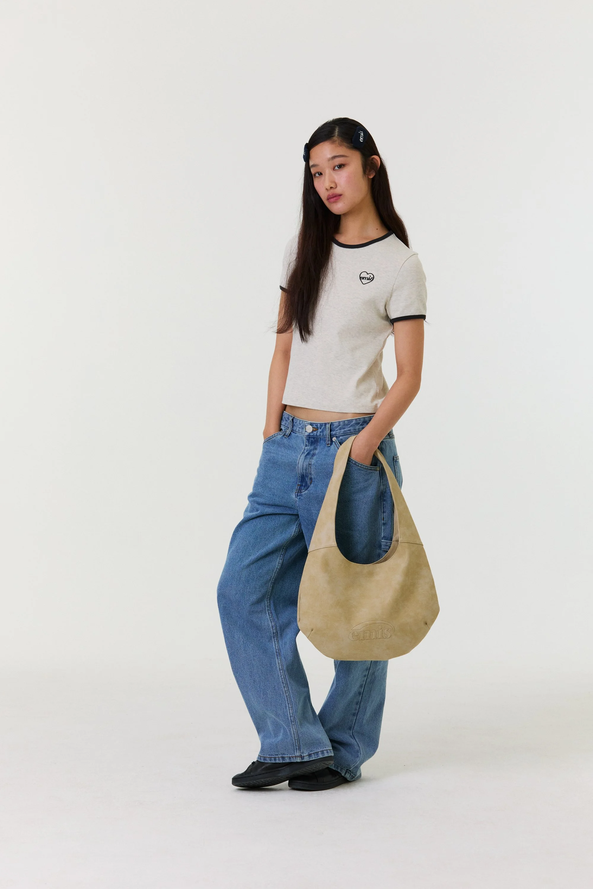 LOGO EMBOSSED SHOULDER BAG-BEIGE