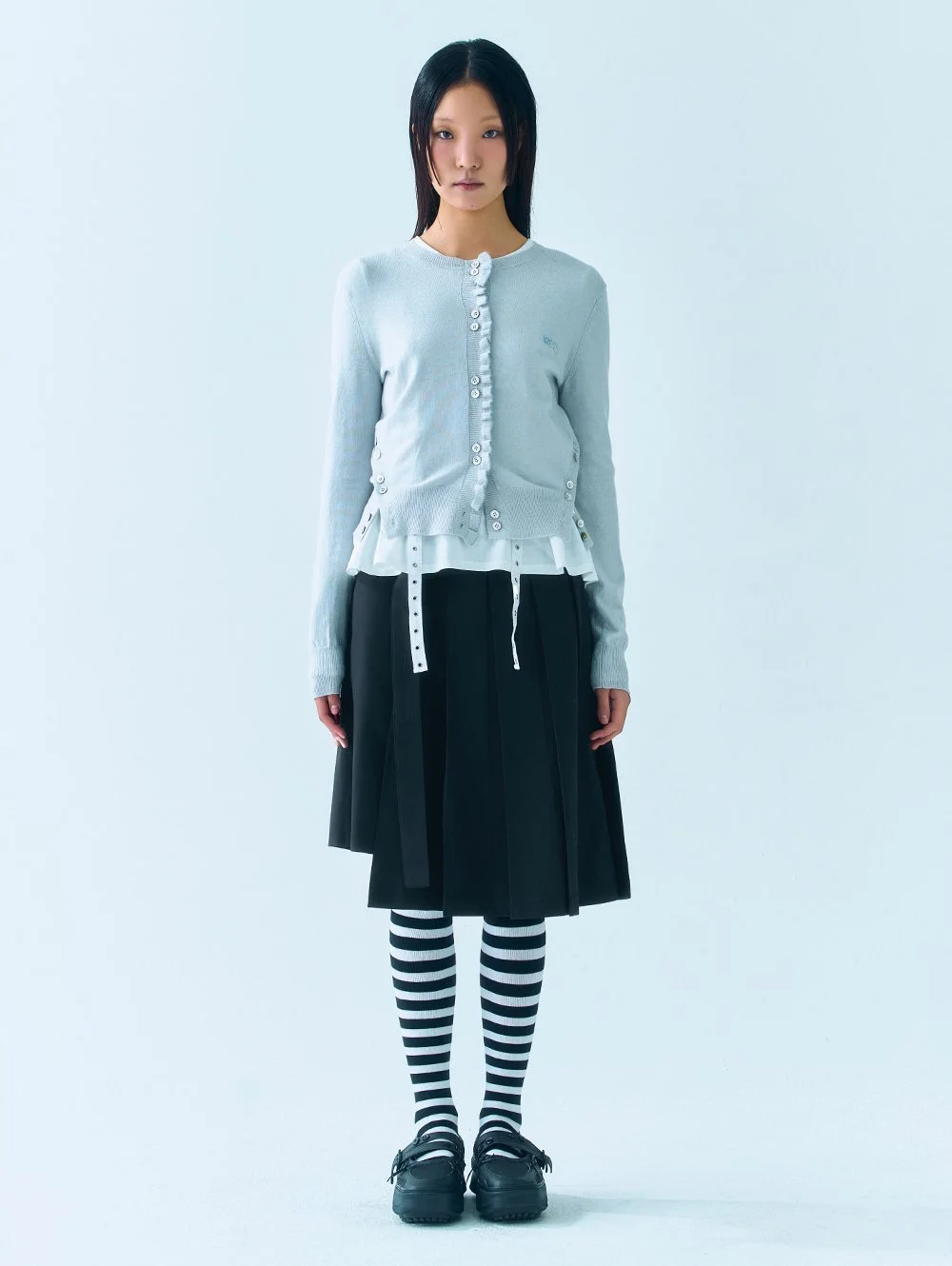 SIDE BUTTON RUFFLE CARDIGAN [LIGHT GREY]