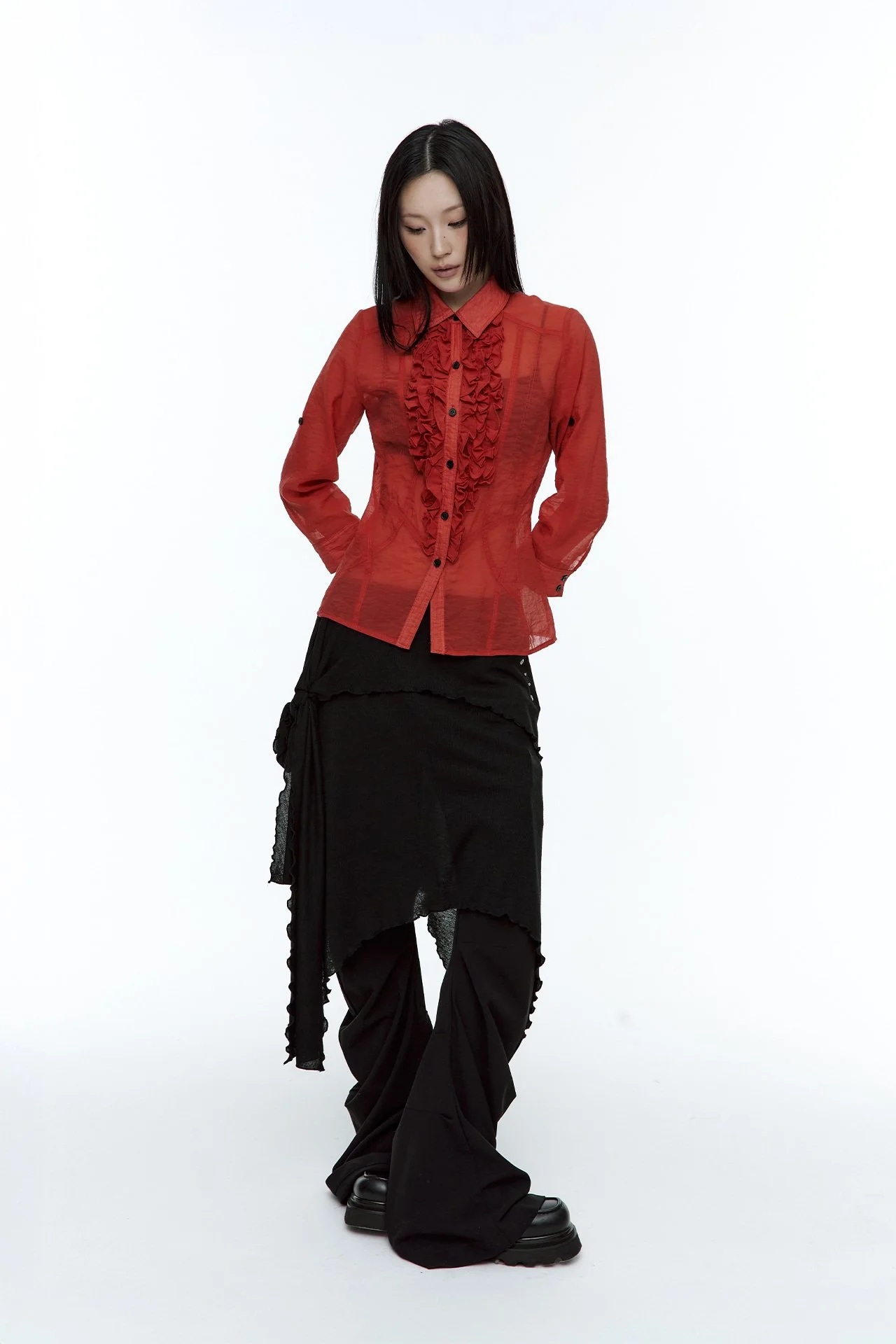 Frill Sheer Shirt Red