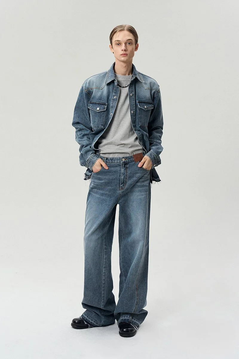 DESTROYED HEM SHIRT JACKET WASHED BLUE