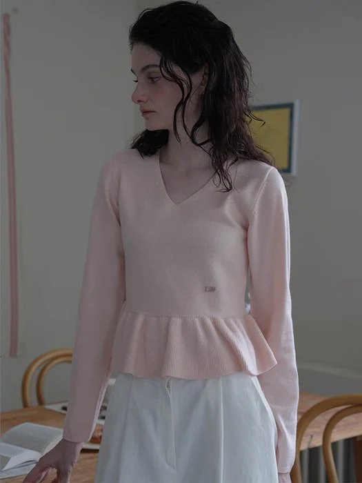 V-neck Flare Shirring Knit [Pink]