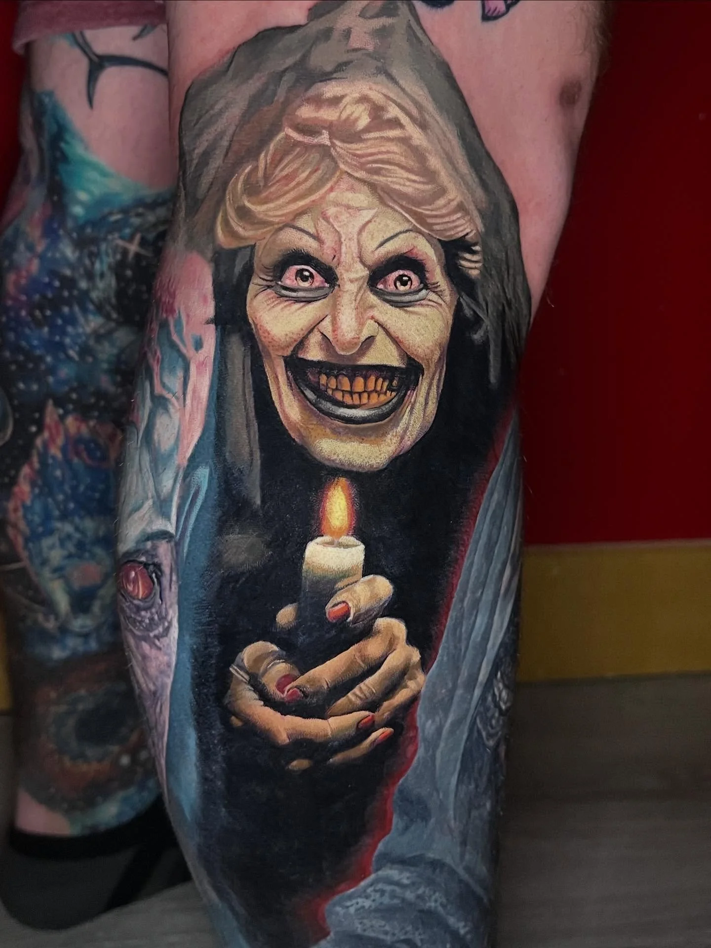 Horror portrait from the movie Insidious. Done by @mikehamill17 #tattoo #tattoos #art #artwork #horror #horrormovies #insidious #horrortattoo #forneytattoo #rockwalltattoo #dallastattooartist #colorportrait #colortattoo #realism #realistic #realsimta