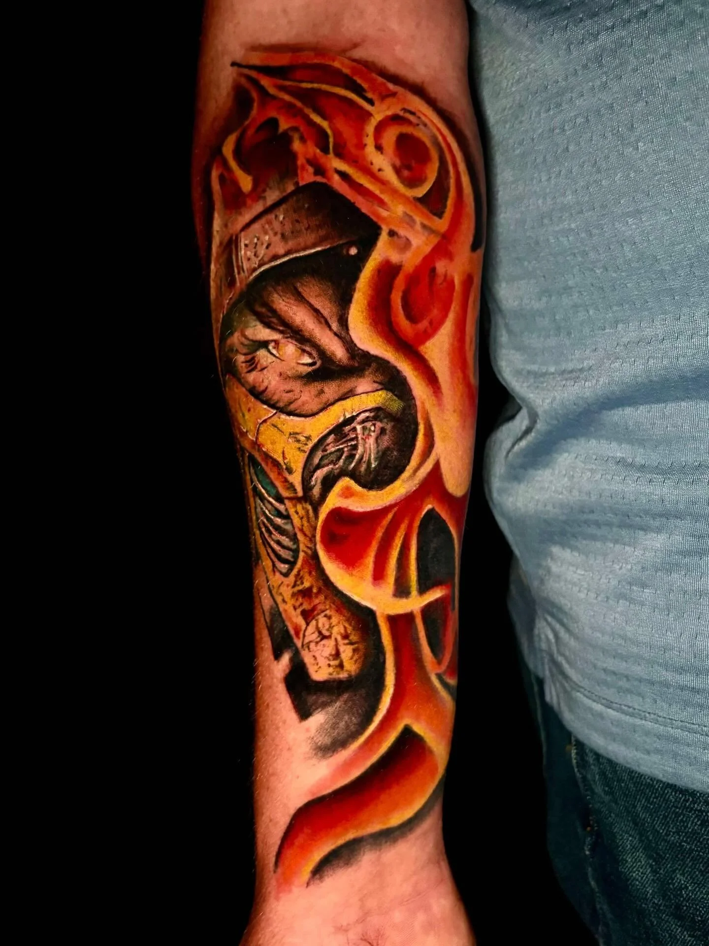 GOT OVER HERE!!! Scorpion portrait done by @deviousink1 #dallastattooartist #scorpion #mortalkombat #colorportrait #forneytattoo #rockwalltattoo #forney #rockwall #tattooshopnearme #tattoo #tattoos #art #artwork #realism #realistic #yournewfavoritein